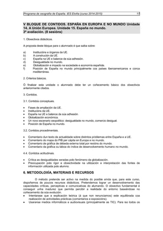 Programa de xeografía de España. IES Elviña (curso 2014-2015) 17 
V BLOQUE DE CONTIDOS. ESPAÑA EN EUROPA E NO MUNDO Unidade 
14. A Unión Europea. Unidade 15. España no mundo. 
3ª avaliación. (8 sesións) 
1. Obxectivos didácticos. 
A proposta deste bloque para o alumnado é que saiba sobre: 
a) Institucións e órganos da UE. 
b) A construción da UE. 
c) España na UE e balance da súa adhesión. 
d) Desigualdade no mundo. 
e) Globalización e impacto na sociedade e economía española. 
f) Posición de España no mundo principalmente cos países Iberoamericanos e conca 
mediterránea. 
2. Criterios básicos. 
Ó finalizar esta unidade o alumnado debe ter un coñecemento básico dos obxectivos 
anteriormente citados. 
3. Contidos. 
3.1. Contidos conceptuais. 
· Fases de ampliación da UE. 
· Institucións da UE. 
· España na UE e balance da súa adhesión. 
· Globalización económica. 
· Un novo escenario xeopolítico: desigualdade no mundo, comercio desigual. 
· Posición de España no mundo. 
3.2. Contidos procedimentais. 
· Comentario dun texto de actualidade sobre distintos problemas entre España e a UE. 
· Comentario do mapa do PIB per cápita en Europa e no mundo. 
· Comentario de gráfica de débeda externa total por rexións do mundo. 
· Comentario da gráfica ou táboa do índice de desenvolvemento humano no mundo. 
4.4. Contidos actitudinais. 
· Crítica as desigualdades xeradas polo fenómeno da globalización. 
· Preocupación polo rigor e obxectividade na utilización e interpretación das fontes de 
información utilizada polo alumno. 
6. METODOLOXÍA, MATERIAIS E RECURSOS 
O método pretende ser activo na medida do posible aínda que, para este curso, 
dispoñemos de poucos recursos didácticos. Pretendemos lograr un desenvolvemento das 
capacidades críticas, perceptivas e comunicativas do alumando. O obxectivo fundamental é 
conseguir unha madurez que permita percibir a realidade do entorno baseándose no 
coñecemento da súa evolución. 
· Intentarase que a explicación teórica (á que non renunciamos) este equilibrada coa 
realización de actividades prácticas (comentarios e exposicións). 
· Usaranse medios informáticos e audiovisuais (principalmente as TIC). Para iso todos os 
 