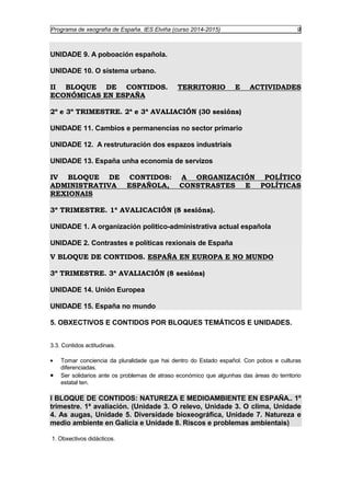 Programa de xeografía de España. IES Elviña (curso 2014-2015) 9 
UNIDADE 9. A poboación española. 
UNIDADE 10. O sistema urbano. 
II BLOQUE DE CONTIDOS. TERRITORIO E ACTIVIDADES 
ECONÓMICAS EN ESPAÑA 
2º e 3º TRIMESTRE. 2ª e 3ª AVALIACIÓN (30 sesións) 
UNIDADE 11. Cambios e permanencias no sector primario 
UNIDADE 12. A restruturación dos espazos industriais 
UNIDADE 13. España unha economía de servizos 
IV BLOQUE DE CONTIDOS: A ORGANIZACIÓN POLÍTICO 
ADMINISTRATIVA ESPAÑOLA, CONSTRASTES E POLÍTICAS 
REXIONAIS 
3º TRIMESTRE. 1ª AVALICACIÓN (8 sesións). 
UNIDADE 1. A organización politico-administrativa actual española 
UNIDADE 2. Contrastes e políticas rexionais de España 
V BLOQUE DE CONTIDOS. ESPAÑA EN EUROPA E NO MUNDO 
3º TRIMESTRE. 3ª AVALIACIÓN (8 sesións) 
UNIDADE 14. Unión Europea 
UNIDADE 15. España no mundo 
5. OBXECTIVOS E CONTIDOS POR BLOQUES TEMÁTICOS E UNIDADES. 
3.3. Contidos actitudinais. 
· Tomar conciencia da pluralidade que hai dentro do Estado español. Con pobos e culturas 
diferenciadas. 
· Ser solidarios ante os problemas de atraso económico que algunhas das áreas do territorio 
estatal ten. 
I BLOQUE DE CONTIDOS: NATUREZA E MEDIOAMBIENTE EN ESPAÑA.. 1º 
trimestre. 1ª avaliación. (Unidade 3. O relevo, Unidade 3. O clima, Unidade 
4. As augas, Unidade 5. Diversidade bioxeográfica, Unidade 7. Natureza e 
medio ambiente en Galicia e Unidade 8. Riscos e problemas ambientais) 
1. Obxectivos didácticos. 
 