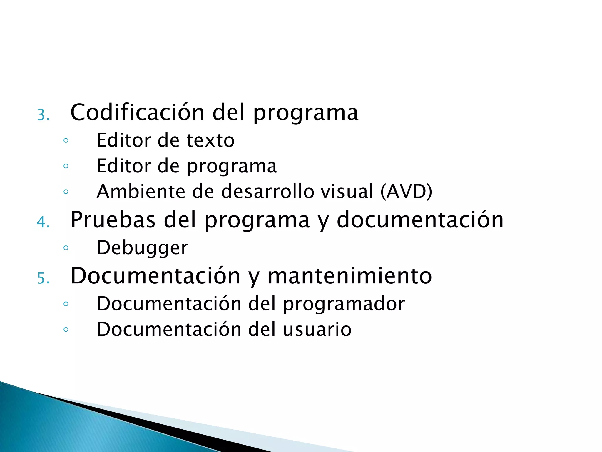 Codificación del programaEditor de textoEditor de programaAmbiente de desarrollo visual (AVD)Pruebas del programa y documentaciónDebuggerDocumentación y mantenimientoDocumentación del programadorDocumentación del usuario