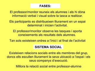 FASES:
El professor/monitor reuneix els alumnes i els hi dóna
informació verbal i visual sobre la tasca a realitzar.
Els participants es distribueixen lliurament en un espai
determinat i inicien l’activitat.
El professor/monitor observa les tasques i aporta
coneixements als resultats dels alumnes.
Tan sols existeixen ordres a l’inici i al final de l’activitat
SISTEMA SOCIAL
Existeixen relacions socials entre els membres del grup,
doncs ells escullen lliurament la seva ubicació a l’espai i els
seus companys d’execució.
Millora la relació social entre professor-alumne
 