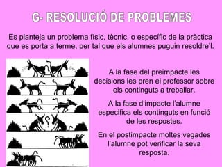 Es planteja un problema físic, tècnic, o específic de la pràctica
que es porta a terme, per tal que els alumnes puguin resoldre’l.
A la fase del preimpacte les
decisions les pren el professor sobre
els continguts a treballar.
A la fase d’impacte l’alumne
especifica els continguts en funció
de les respostes.
En el postimpacte moltes vegades
l’alumne pot verificar la seva
resposta.
 