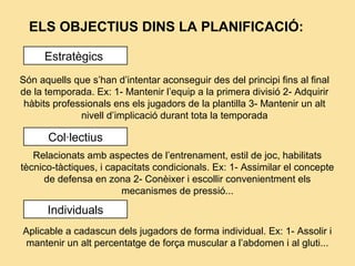 ELS OBJECTIUS DINS LA PLANIFICACIÓ:
Estratègics
Són aquells que s’han d’intentar aconseguir des del principi fins al final
de la temporada. Ex: 1- Mantenir l’equip a la primera divisió 2- Adquirir
hàbits professionals ens els jugadors de la plantilla 3- Mantenir un alt
nivell d’implicació durant tota la temporada
Col·lectius
Relacionats amb aspectes de l’entrenament, estil de joc, habilitats
tècnico-tàctiques, i capacitats condicionals. Ex: 1- Assimilar el concepte
de defensa en zona 2- Conèixer i escollir convenientment els
mecanismes de pressió...
Individuals
Aplicable a cadascun dels jugadors de forma individual. Ex: 1- Assolir i
mantenir un alt percentatge de força muscular a l’abdomen i al gluti...
 