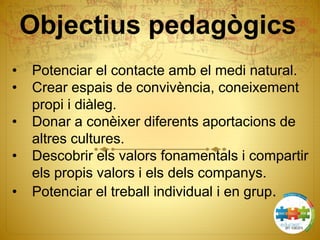 Objectius pedagògics
• Potenciar el contacte amb el medi natural.
• Crear espais de convivència, coneixement
propi i diàleg.
• Donar a conèixer diferents aportacions de
altres cultures.
• Descobrir els valors fonamentals i compartir
els propis valors i els dels companys.
• Potenciar el treball individual i en grup.
 