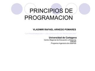 PRINCIPIOS DE PROGRAMACION VLADIMIR RAFAEL ARNEDO POMARES  “LA PROGRAMACION Y LOS LENGUAJES DE PROGRAMCION” Universidad de Cartagena Centro Regional de Educación a Distancia  CREAD  Programa Ingeniería de sistemas  