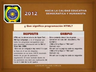 Que significa programación HTML?


            RESPUESTA                                         EJEMPLO
H L es l a abr evi at ur a de H
  TM                                 yper Text   Est e com  ando descr i be al gunas
M kup Language, y es el lenguaje que
  ar                                             car act er i st i cas del docum o. Por
                                                                                ent
todos los programas navegadores usan             ej em o:
                                                       pl
para presentar información en l a W l d  or      <M a ht t p-Equi v="R r esh"
                                                    et                     ef
W de W (W W
  i      eb W ).                                 C ent =ss>
                                                  ont
  Est e es un l enguaj e m senci l l o que
                              uy                 Act ual i za l a pagi na cada ss segundos.
se basa en el uso de etiquetas,                  <M a ht t p-Equi v="R r esh"
                                                    et                     ef
consistentes en un texto ASCII encerrado         C ent =ss
                                                  ont
dentro de un par de paréntesis                   Act ual i za l a pagi na cada ss segundos
angulares(). El texto incluido dentro de
los paréntesis nos dará una explicación de
l a ut i l i dad de l a et i quet a.
                             LUIS FELIPE VILLAMIL CUBILLOS
                                           1104
 