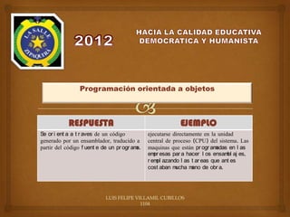 Programación orientada a objetos



            RESPUESTA                                       EJEMPLO
Se or i ent a a t r aves de un código          ejecutarse directamente en la unidad
generado por un ensamblador, traducido a       central de proceso (CPU) del sistema. Las
partir del código f uent e de un pr ogr ama.   maquinas que están pr ogr am adas en l as
                                               em esas par a hacer l os ensam aj es,
                                                  pr                             bl
                                               r em azando l as t ar eas que ant es
                                                   pl
                                               cost aban m ucha m ano de obr a.




                            LUIS FELIPE VILLAMIL CUBILLOS
                                          1104
 