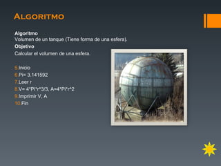 Algoritmo
Algoritmo
Volumen de un tanque (Tiene forma de una esfera).
Objetivo
Calcular el volumen de una esfera.

5.Inicio
6.Pi= 3.141592
7.Leer r
8.V= 4*Pi*r^3/3, A=4*Pi*r^2
9.Imprimir V, A
10.Fin
 