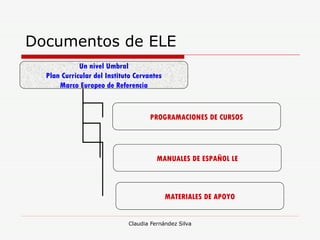 Documentos de ELE Un nivel Umbral Plan Curricular del Instituto Cervantes Marco Europeo de Referencia PROGRAMACIONES DE CURSOS MANUALES DE ESPAÑOL LE MATERIALES DE APOYO 