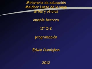 Ministerio de educación
Melchor Lasso de la vega
    artes y oficios

    amable herrera

        11º I-2

     programación


    Edwin Cunnighan


         2012
 