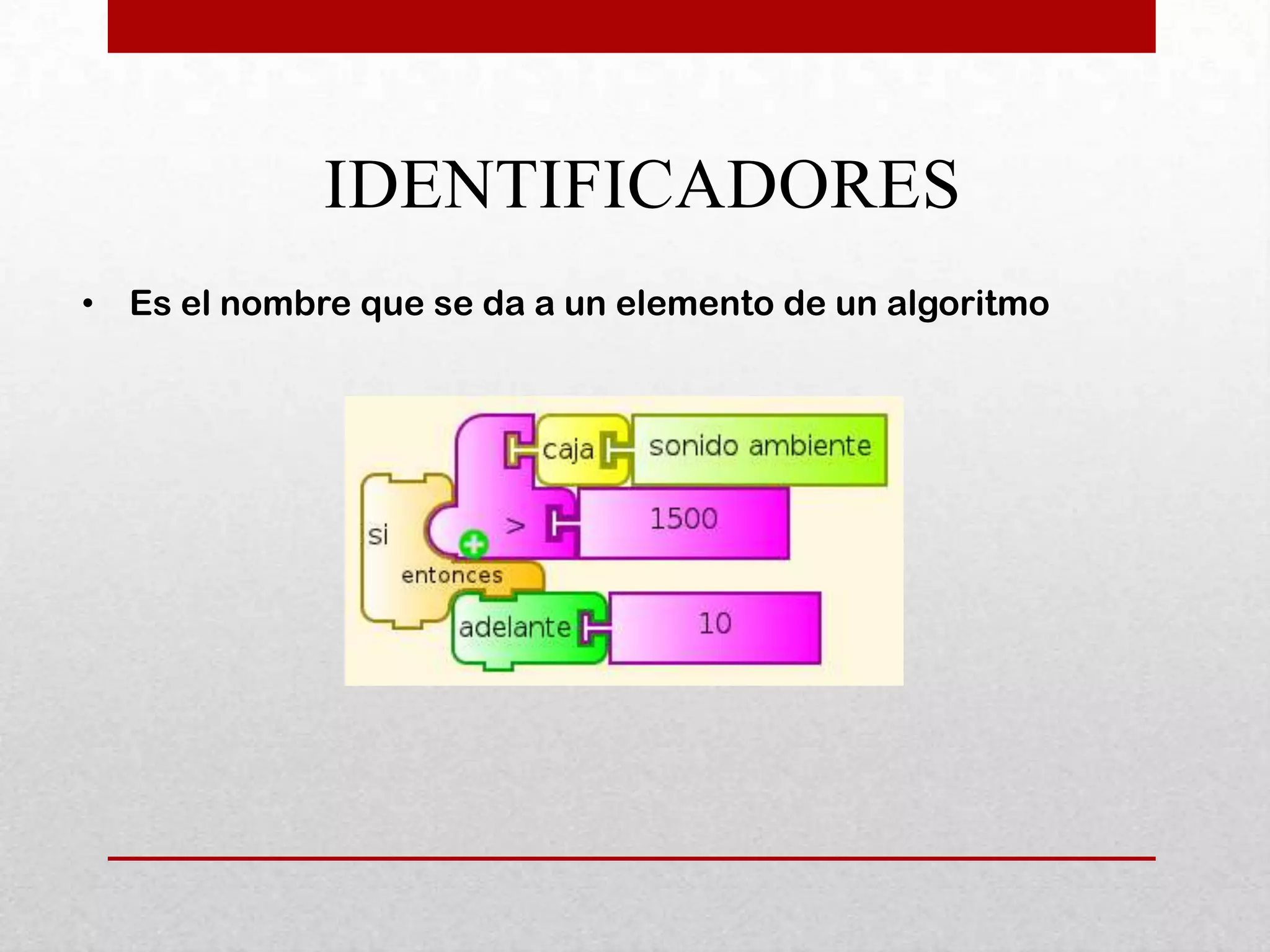IDENTIFICADORES
• Es el nombre que se da a un elemento de un algoritmo
 