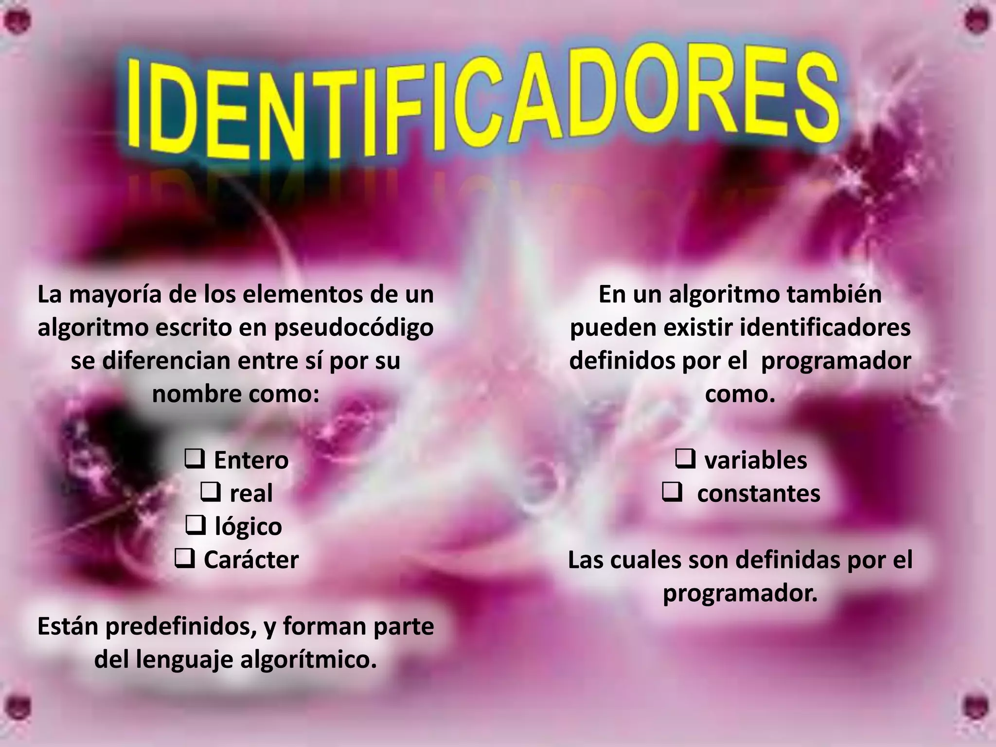 La mayoría de los elementos de un      En un algoritmo también
algoritmo escrito en pseudocódigo    pueden existir identificadores
   se diferencian entre sí por su    definidos por el programador
           nombre como:                          como.

            Entero                            variables
             real                            constantes
            lógico
            Carácter                Las cuales son definidas por el
                                             programador.
Están predefinidos, y forman parte
     del lenguaje algorítmico.
 