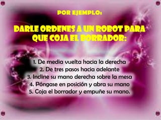POR EJEMPLO:

DARLE ORDENES A UN ROBOT PARA
    QUE COJA EL BORRADOR:

     1. De media vuelta hacia la derecha
        2. De tres pasos hacia adelante
  3. Incline su mano derecha sobre la mesa
   4. Póngase en posición y abra su mano
   5. Coja el borrador y empuñe su mano.
 