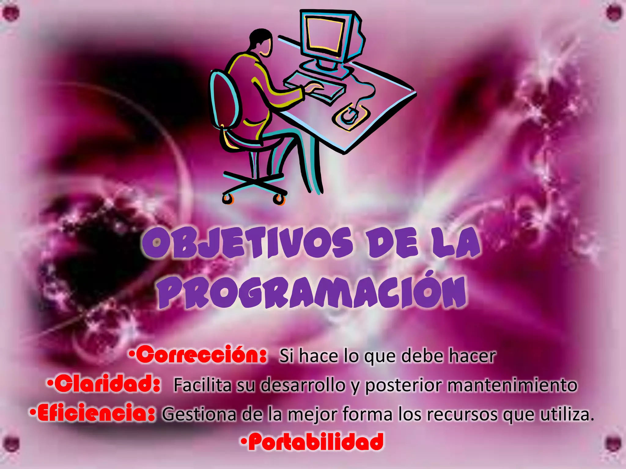 Objetivos de la
             programación
         •Corrección: Si hace lo que debe hacer
  •Claridad: Facilita su desarrollo y posterior mantenimiento
•Eficiencia: Gestiona de la mejor forma los recursos que utiliza.
                      •Portabilidad
 