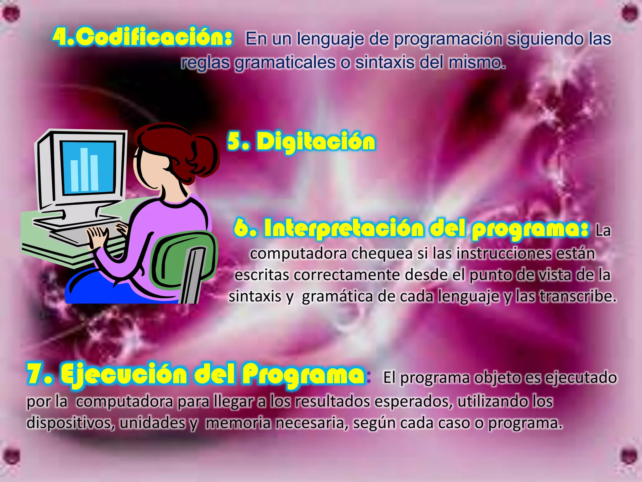 4.Codificación:          En un lenguaje de programación siguiendo las
                    reglas gramaticales o sintaxis del mismo.



                           5. Digitación


                            6. Interpretación del programa: La
                              computadora chequea si las instrucciones están
                            escritas correctamente desde el punto de vista de la
                           sintaxis y gramática de cada lenguaje y las transcribe.



7. Ejecución del Programa:                       El programa objeto es ejecutado
por la computadora para llegar a los resultados esperados, utilizando los
dispositivos, unidades y memoria necesaria, según cada caso o programa.
 