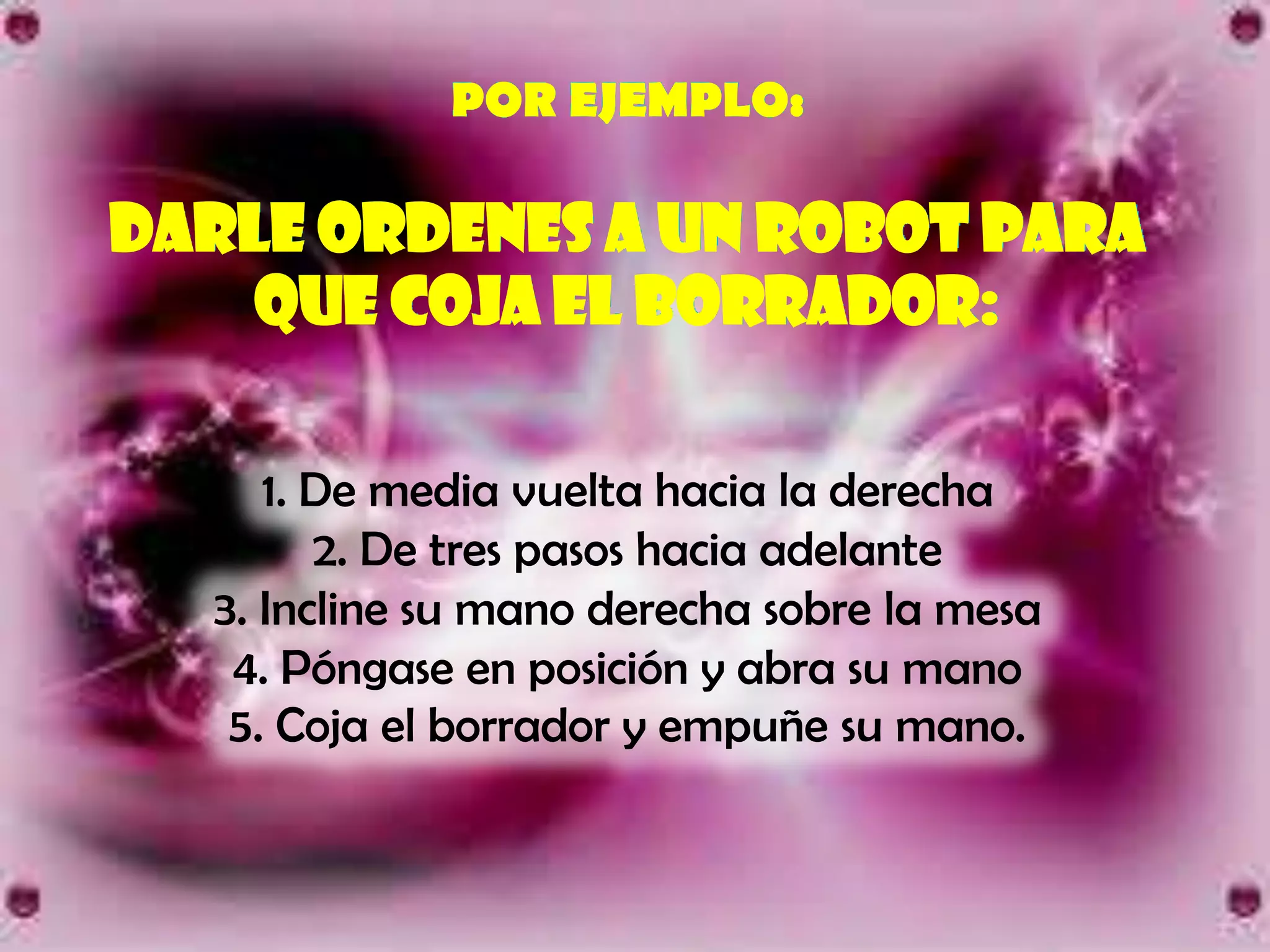 POR EJEMPLO:

DARLE ORDENES A UN ROBOT PARA
    QUE COJA EL BORRADOR:

     1. De media vuelta hacia la derecha
        2. De tres pasos hacia adelante
  3. Incline su mano derecha sobre la mesa
   4. Póngase en posición y abra su mano
   5. Coja el borrador y empuñe su mano.
 