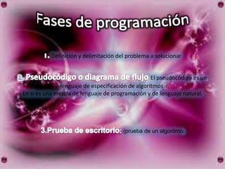 Definición y delimitación del problema a solucionar


                                                   El pseudocódigo es un
               lenguaje de especificación de algoritmos.
En sí es una mezcla de lenguaje de programación y de lenguaje natural.




                                       (prueba de un algoritmo)
 