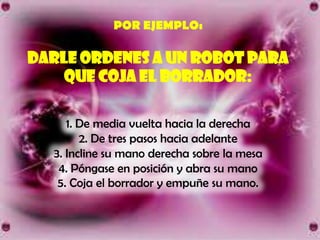 POR EJEMPLO:

DARLE ORDENES A UN ROBOT PARA
    QUE COJA EL BORRADOR:

     1. De media vuelta hacia la derecha
        2. De tres pasos hacia adelante
  3. Incline su mano derecha sobre la mesa
   4. Póngase en posición y abra su mano
   5. Coja el borrador y empuñe su mano.
 