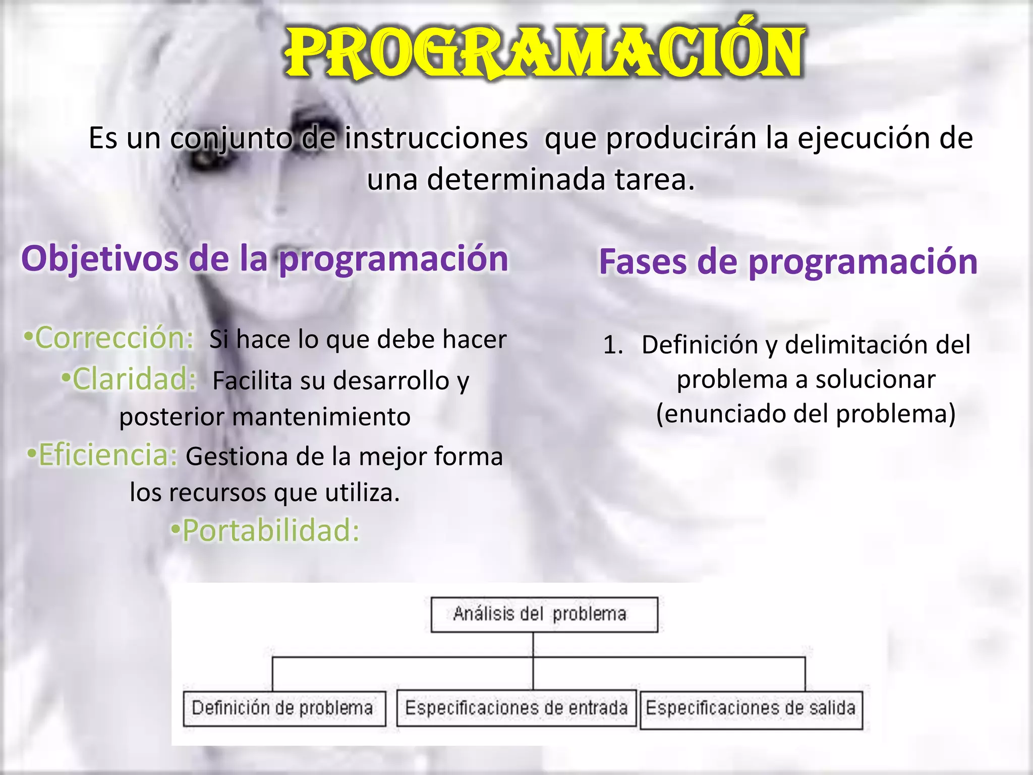 Programación
     Es un conjunto de instrucciones que producirán la ejecución de
                         una determinada tarea.

Objetivos de la programación              Fases de programación
•Corrección: Si hace lo que debe hacer    1. Definición y delimitación del
  •Claridad: Facilita su desarrollo y           problema a solucionar
       posterior mantenimiento                (enunciado del problema)
•Eficiencia: Gestiona de la mejor forma
        los recursos que utiliza.
           •Portabilidad:
 