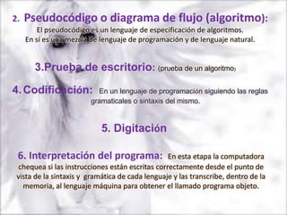 2.   Pseudocódigo o diagrama de flujo (algoritmo):
         El pseudocódigo es un lenguaje de especificación de algoritmos.
     En sí es una mezcla de lenguaje de programación y de lenguaje natural.


       3.Prueba de escritorio: (prueba de un algoritmo)

4. Codificación:           En un lenguaje de programación siguiendo las reglas
                         gramaticales o sintaxis del mismo.


                            5. Digitación

 6. Interpretación del programa:                 En esta etapa la computadora
 chequea si las instrucciones están escritas correctamente desde el punto de
 vista de la sintaxis y gramática de cada lenguaje y las transcribe, dentro de la
   memoria, al lenguaje máquina para obtener el llamado programa objeto.
 