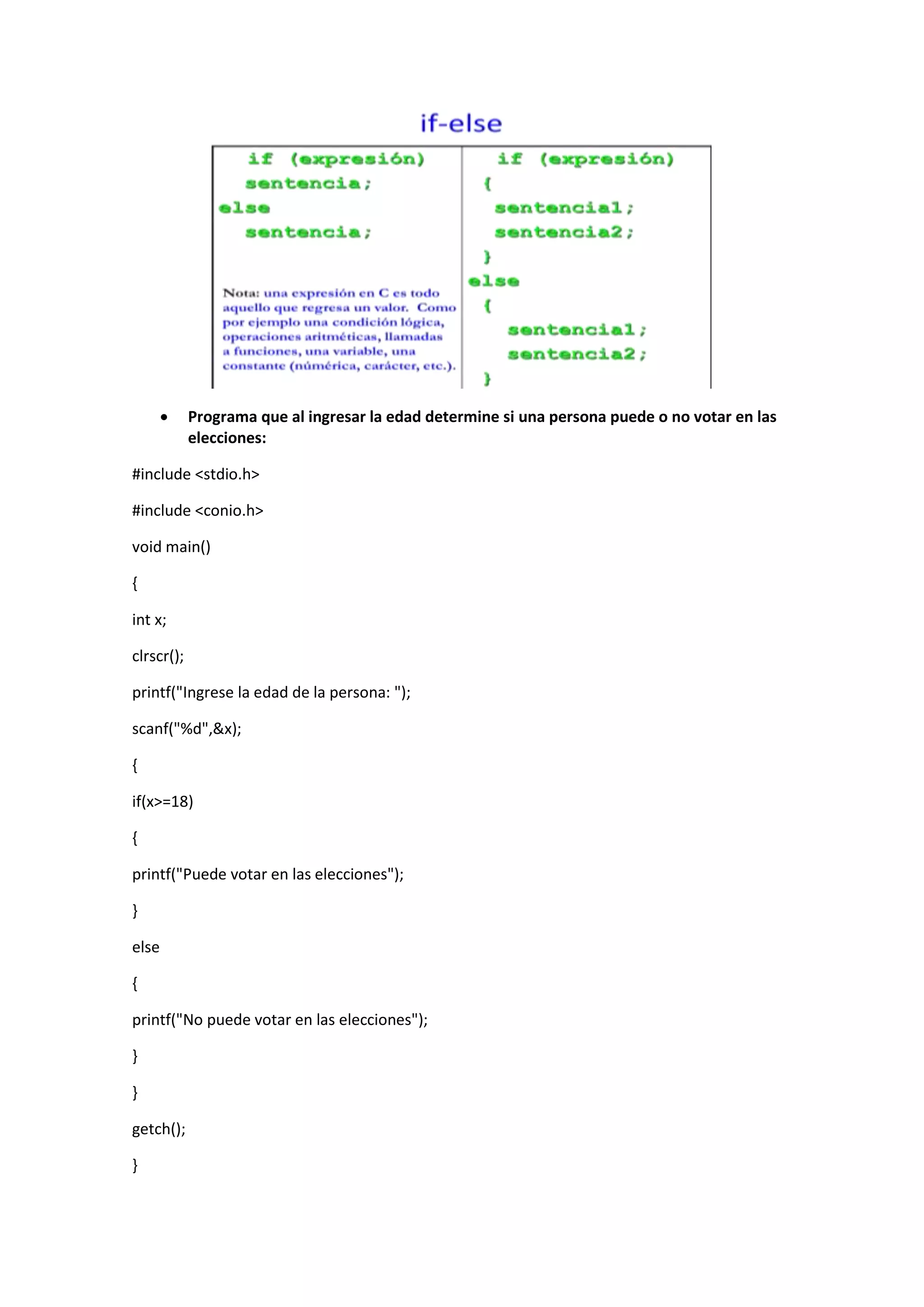 

Programa que al ingresar la edad determine si una persona puede o no votar en las
elecciones:

#include <stdio.h>
#include <conio.h>
void main()
{
int x;
clrscr();
printf("Ingrese la edad de la persona: ");
scanf("%d",&x);
{
if(x>=18)
{
printf("Puede votar en las elecciones");
}
else
{
printf("No puede votar en las elecciones");
}
}
getch();
}

 