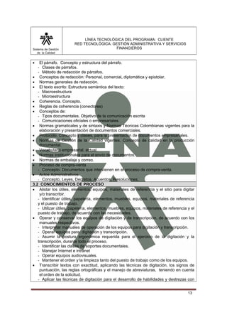 Sistema de Gestión
de la Calidad

LÍNEA TECNOLÓGICA DEL PROGRAMA: CLIENTE
RED TECNOLÓGICA: GESTIÓN ADMINISTRATIVA Y SERVICIOS
FINANCIEROS

•

El párrafo. Concepto y estructura del párrafo.
- Clases de párrafos.
- Método de redacción de párrafos.
• Conceptos de redacción: Personal, comercial, diplomática y epistolar.
• Normas generales de redacción.
• El texto escrito: Estructura semántica del texto:
- Macroestructura
- Microestructura
• Coherencia. Concepto.
• Reglas de coherencia (conectores)
• Conceptos de:
- Tipos documentales. Objetivo de la comunicación escrita
- Comunicaciones oficiales o empresariales.
• Normas gramaticales y de sintaxis y Normas Técnicas Colombianas vigentes para la
elaboración y presentación de documentos comerciales.
• Protocolo. Concepto y clases, para la presentación de documentos empresariales.
• Normas de Gestión de la Calidad vigentes. Concepto de calidad en la producción
documental.
• Vocabulario empresarial, actual.
• Normas institucionales para el envío de documentos.
• Normas de embalaje y correo.
• Proceso de compra-venta
- Concepto. Documentos que intervienen en el proceso de compra-venta.
• Actos Administrativos:
- Concepto, Leyes, Decretos, Acuerdos, Resoluciones.
3.2 CONOCIMIENTOS DE PROCESO
• Alistar los útiles, elementos, equipos, materiales de referencia y el sitio para digitar
y/o transcribir.
- Identificar útiles, papelería, elementos, muebles, equipos, materiales de referencia
y el puesto de trabajo.
- Utilizar útiles, papelería, elementos, muebles, equipos, materiales de referencia y el
puesto de trabajo, de acuerdo con las necesidades.
• Operar y conservar los equipos de digitación y de transcripción, de acuerdo con los
manuales respectivos.
- Interpretar manuales de operación de los equipos para digitación y transcripción.
- Operar equipos para digitación y transcripción.
- Asumir la postura ergonómica requerida para el ejercicio de la digitación y la
transcripción, durante todo el proceso.
- Identificar las clases de soportes documentales.
- Manejar Internet e intranet
- Operar equipos audiovisuales.
- Mantener el orden y la limpieza tanto del puesto de trabajo como de los equipos.
• Transcribir textos con exactitud, aplicando las técnicas de digitación, los signos de
puntuación, las reglas ortográficas y el manejo de abreviaturas, teniendo en cuenta
el orden de la solicitud.
- Aplicar las técnicas de digitación para el desarrollo de habilidades y destrezas con
13

 