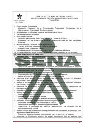 Sistema de Gestión
de la Calidad

LÍNEA TECNOLÓGICA DEL PROGRAMA: CLIENTE
RED TECNOLÓGICA: GESTIÓN ADMINISTRATIVA Y SERVICIOS
FINANCIEROS

•

Comunicación Empresarial.
Concepto. Funciones de la Comunicación Empresarial. Clasificación de la
Comunicación Empresarial. Conducto regular
• Simple tenses in affimative, negative and interrogative forms.
• Vocabulario técnico en inglés.
• Relaciones Públicas
- Actitudes y Formación de la Opinión Pública. Clases de Público
- Funciones de las Relaciones Públicas. Comunicaciones en las Relaciones
Públicas
• Normas internas y externas de la Organización
- Trabajo en Equipo: Liderazgo. Toma de decisiones
- Resolución de Problemas. Pasos
• Vocabulario técnico en inglés para la solución de problemas del cliente
Los fundamentales para asumir la resolución de problema y el desarrollo de los proyectos
3.2 CONOCIMIENTOS DE PROCESO
• Aplicar los protocolos e identidad corporativa en la presentación personal
- Interpretar la identidad corporativa, y los principios corporativos
- Aplicar los principios corporativos
- Desarrollar a través de su comportamiento actitudes que favorezcan las relaciones
interpersonales y empresariales.
- Seleccionar vestuario, maquillaje y accesorios que proyecten apariencia y actitud
personal acordes con la identidad corporativa.
- Identificar la etiqueta y el protocolo institucional
- Aplicar la etiqueta y el protocolo institucional
- Identificar el protocolo para la elaboración de la correspondencia
- Aplicar el protocolo en la elaboración de la correspondencia
• Interpretar el vocabulario técnico en inglés, relacionado con el protocolo, identidad
corporativa y para describir la imagen personal.
• Aplicar el vocabulario técnico en inglés, relacionado con el protocolo, identidad
corporativa y para describir la imagen personal.
• Interpretar el vocabulario técnico en inglés, relacionado con la elaboración de
correspondencia.
• Aplicar el vocabulario técnico en inglés para la elaboración de correspondencia.
• Brindar atención que favorezca las relaciones empresariales con el cliente:
- Identificar los tipos de clientes
- Diferenciar los momentos de verdad
- Aplicar momentos de verdad estelares en la atención y servicio al cliente
• Aplicar los estándares de calidad en la atención personalizada
- Interpretar las normas y los estándares de calidad
- Identificar las estrategias de atención personalizada
- Seleccionar la estrategia de atención personalizada, de acuerdo con los
requerimientos del cliente.
• Prestar servicio de acuerdo con los requerimientos de los clientes, el protocolo y las
reglamentaciones respectivas.
- Aplicar las reglamentaciones institucionales para la atención y el servicio
• Interpretar el vocabulario técnico, en inglés, relacionado con la atención que
-

20

 