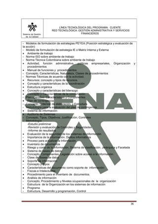 Sistema de Gestión
de la Calidad

LÍNEA TECNOLÓGICA DEL PROGRAMA: CLIENTE
RED TECNOLÓGICA: GESTIÓN ADMINISTRATIVA Y SERVICIOS
FINANCIEROS

- Modelos de formulación de estrategias PEYEA (Posición estratégica y evaluación de
la acción)
- Modelo de formulación de estrategia IE o Matriz Interna y Externa
• Ambiente de trabajo
- Norma ISO sobre ambiente de trabajo
- Norma Técnica Colombiana sobre ambiente de trabajo
• Actividad, función administrativa, políticas empresariales, Organización y
procedimientos
• Manual de funciones y procedimientos
- Concepto, Características, Naturaleza, Clases de procedimientos
- Normas Técnicas de acuerdo con la actividad.
• Recursos: concepto y tipos de recursos.
• Concepto y características de la coordinación
• Estructura orgánica
• Concepto y características del liderazgo
• Concepto y Características de la concertación
- Plan operativo: Características y Componentes
• Plan de contingencia
- Concepto, Criterios de elaboración, y Estructura
- Metodología para la evaluación del plan de contingencia
• Sistema de información:
• Auditoría de Sistemas
- Concepto, Tipos, Objetivos, Justificación, Controles
- Metodología
-Estudio preliminar
-Revisión y evaluación de Controles y Seguridades
-Informe de resultados
• Evaluación de la seguridad de los sistemas de información
- Importancia de la información. Delitos informáticos
• Proceso para actualizar la Información.
• Inventario de documentos
- Riesgo y costo de la información. Sistema de clasificación. Jerárquica y Facetada
• Sistema de bases de datos.
- Concepto. Componentes. Legislación sobre acceso a la información.
- Clase de Bases de datos
• Soporte de información:
- Concepto y Tipos
• Características del documento como soporte de información:
- Físicas e Intelectuales
• Procedimiento para el Inventario de documentos.
• Análisis de información
- Concepto, Procedimiento y Niveles ocupacionales de la organización
- Estructura de la Organización en los sistemas de información
• Programa
- Estructura, Desarrollo y programación, Control

36

 