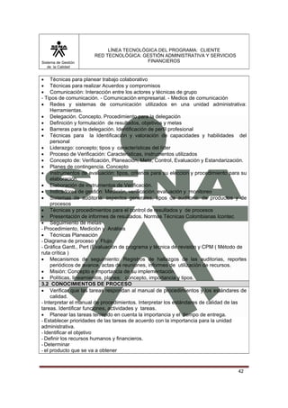 Sistema de Gestión
de la Calidad

LÍNEA TECNOLÓGICA DEL PROGRAMA: CLIENTE
RED TECNOLÓGICA: GESTIÓN ADMINISTRATIVA Y SERVICIOS
FINANCIEROS

• Técnicas para planear trabajo colaborativo
• Técnicas para realizar Acuerdos y compromisos
• Comunicación: Interacción entre los actores y técnicas de grupo
- Tipos de comunicación. - Comunicación empresarial. - Medios de comunicación
• Redes y sistemas de comunicación utilizados en una unidad administrativa:
Herramientas.
• Delegación. Concepto. Procedimiento para la delegación
• Definición y formulación de resultados, objetivos y metas
• Barreras para la delegación. Identificación de perfil profesional
• Técnicas para la Identificación y valoración de capacidades y habilidades del
personal
• Liderazgo: concepto; tipos y características del líder
• Proceso de Verificación: Características, instrumentos utilizados
• Concepto de: Verificación, Planeación, Meta, Control, Evaluación y Estandarización.
• Planes de contingencia. Concepto
• Instrumentos de evaluación: tipos, criterios para su elección y procedimiento para su
elaboración.
• Elaboración de instrumentos de Verificación.
• Indicadores de gestión: Medición, verificación, evaluación y monitoreo
• Sistemas de auditoria: aspectos generales, tipos de auditoria: de productos y de
procesos
• Técnicas y procedimientos para el control de resultados y de procesos
• Presentación de informes de resultados. Normas Técnicas Colombianas Icontec
• Seguimiento de metas
- Procedimiento, Medición y Análisis
• Técnicas Planeación
- Diagrama de proceso y Flujo.
- Gráfica Gantt., Pert (Evaluación de programa y técnica de revisión y CPM ( Método de
ruta crítica )
• Mecanismos de seguimiento: Registros de hallazgos de las auditorias, reportes
periódicos de avance, actas de reuniones, informes de utilización de recursos.
• Misión: Concepto e importancia de su implementación.
• Políticas, lineamientos, planes: concepto, importancia y tipos.
3.2 CONOCIMIENTOS DE PROCESO
• Verificar que las tareas respondan al manual de procedimientos y los estándares de
calidad.
- Interpretar el manual de procedimientos. Interpretar los estándares de calidad de las
tareas. Identificar funciones, actividades y tareas.
• Planear las tareas teniendo en cuenta la importancia y el tiempo de entrega.
- Establecer prioridades de las tareas de acuerdo con la importancia para la unidad
administrativa.
- Identificar el objetivo
- Definir los recursos humanos y financieros.
- Determinar
- el producto que se va a obtener

42

 