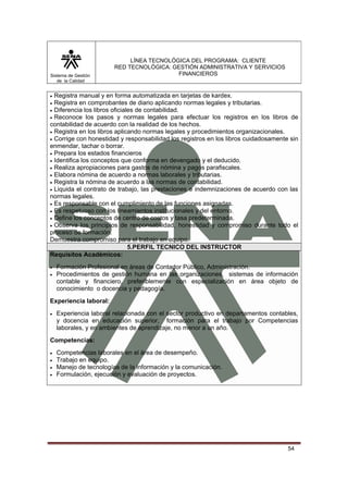 Sistema de Gestión
de la Calidad

LÍNEA TECNOLÓGICA DEL PROGRAMA: CLIENTE
RED TECNOLÓGICA: GESTIÓN ADMINISTRATIVA Y SERVICIOS
FINANCIEROS

•

Registra manual y en forma automatizada en tarjetas de kardex.
Registra en comprobantes de diario aplicando normas legales y tributarias.
• Diferencia los libros oficiales de contabilidad.
• Reconoce los pasos y normas legales para efectuar los registros en los libros de
contabilidad de acuerdo con la realidad de los hechos.
• Registra en los libros aplicando normas legales y procedimientos organizacionales.
• Corrige con honestidad y responsabilidad los registros en los libros cuidadosamente sin
enmendar, tachar o borrar.
• Prepara los estados financieros
• Identifica los conceptos que conforma en devengado y el deducido.
• Realiza apropiaciones para gastos de nómina y pagos parafiscales.
• Elabora nómina de acuerdo a normas laborales y tributarias.
• Registra la nómina de acuerdo a las normas de contabilidad.
• Liquida el contrato de trabajo, las prestaciones e indemnizaciones de acuerdo con las
normas legales.
• Es responsable con el cumplimiento de las funciones asignadas.
• Es respetuoso con los lineamientos institucionales y del entorno.
• Define los conceptos de centro de costos y tasa predeterminada.
• Observa los principios de responsabilidad, honestidad y compromiso durante todo el
proceso de formación.
Demuestra compromiso para el trabajo en equipo.
5.PERFIL TECNICO DEL INSTRUCTOR
Requisitos Académicos:
•

•
•

Formación Profesional en áreas de Contador Público, Administración.
Procedimientos de gestión humana en las organizaciones, sistemas de información
contable y financiero, preferiblemente con especialización en área objeto de
conocimiento o docencia y pedagogía.

Experiencia laboral:
•

Experiencia laboral relacionada con el sector productivo en departamentos contables,
y docencia en educación superior, formación para el trabajo por Competencias
laborales, y en ambientes de aprendizaje, no menor a un año.

Competencias:
•
•
•
•

Competencias laborales en el área de desempeño.
Trabajo en equipo.
Manejo de tecnologías de la información y la comunicación.
Formulación, ejecución y evaluación de proyectos.

54

 