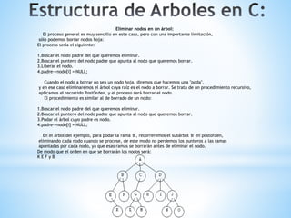Eliminar nodos en un árbol:
El proceso general es muy sencillo en este caso, pero con una importante limitación,
sólo podemos borrar nodos hoja:
El proceso sería el siguiente:
1.Buscar el nodo padre del que queremos eliminar.
2.Buscar el puntero del nodo padre que apunta al nodo que queremos borrar.
3.Liberar el nodo.
4.padre->nodo[i] = NULL;
Cuando el nodo a borrar no sea un nodo hoja, diremos que hacemos una "poda",
y en ese caso eliminaremos el árbol cuya raíz es el nodo a borrar. Se trata de un procedimiento recursivo,
aplicamos el recorrido PostOrden, y el proceso será borrar el nodo.
El procedimiento es similar al de borrado de un nodo:
1.Buscar el nodo padre del que queremos eliminar.
2.Buscar el puntero del nodo padre que apunta al nodo que queremos borrar.
3.Podar el árbol cuyo padre es nodo.
4.padre->nodo[i] = NULL;
En el árbol del ejemplo, para podar la rama 'B', recorreremos el subárbol 'B' en postorden,
eliminando cada nodo cuando se procese, de este modo no perdemos los punteros a las ramas
apuntadas por cada nodo, ya que esas ramas se borrarán antes de eliminar el nodo.
De modo que el orden en que se borrarán los nodos será:
K E F y B
 