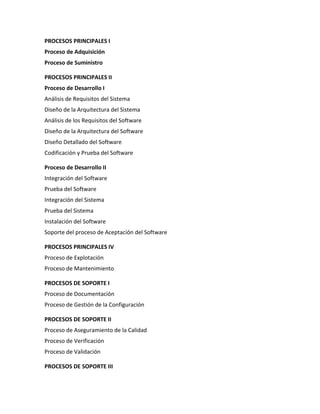 PROCESOS PRINCIPALES I
Proceso de Adquisición
Proceso de Suministro
PROCESOS PRINCIPALES II
Proceso de Desarrollo I
Análisis de Requisitos del Sistema
Diseño de la Arquitectura del Sistema
Análisis de los Requisitos del Software
Diseño de la Arquitectura del Software
Diseño Detallado del Software
Codificación y Prueba del Software
Proceso de Desarrollo II
Integración del Software
Prueba del Software
Integración del Sistema
Prueba del Sistema
Instalación del Software
Soporte del proceso de Aceptación del Software
PROCESOS PRINCIPALES IV
Proceso de Explotación
Proceso de Mantenimiento
PROCESOS DE SOPORTE I
Proceso de Documentación
Proceso de Gestión de la Configuración
PROCESOS DE SOPORTE II
Proceso de Aseguramiento de la Calidad
Proceso de Verificación
Proceso de Validación
PROCESOS DE SOPORTE III
 