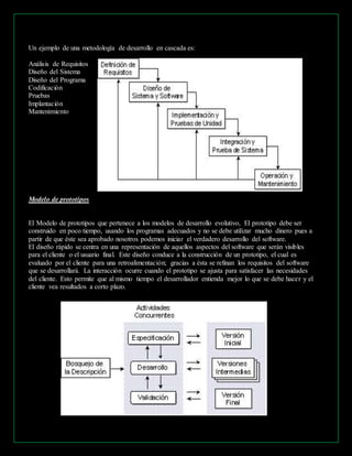 Un ejemplo de una metodología de desarrollo en cascada es: 
Análisis de Requisitos 
Diseño del Sistema 
Diseño del Programa 
Codificación 
Pruebas 
Implantación 
Mantenimiento 
Modelo de prototipos 
El Modelo de prototipos que pertenece a los modelos de desarrollo evolutivo, El prototipo debe ser 
construido en poco tiempo, usando los programas adecuados y no se debe utilizar mucho dinero pues a 
partir de que éste sea aprobado nosotros podemos iniciar el verdadero desarrollo del software. 
El diseño rápido se centra en una representación de aquellos aspectos del software que serán visibles 
para el cliente o el usuario final. Este diseño conduce a la construcción de un prototipo, el cual es 
evaluado por el cliente para una retroalimentación; gracias a ésta se refinan los requisitos del software 
que se desarrollará. La interacción ocurre cuando el prototipo se ajusta para satisfacer las necesidades 
del cliente. Esto permite que al mismo tiempo el desarrollador entienda mejor lo que se debe hacer y el 
cliente vea resultados a corto plazo. 
 