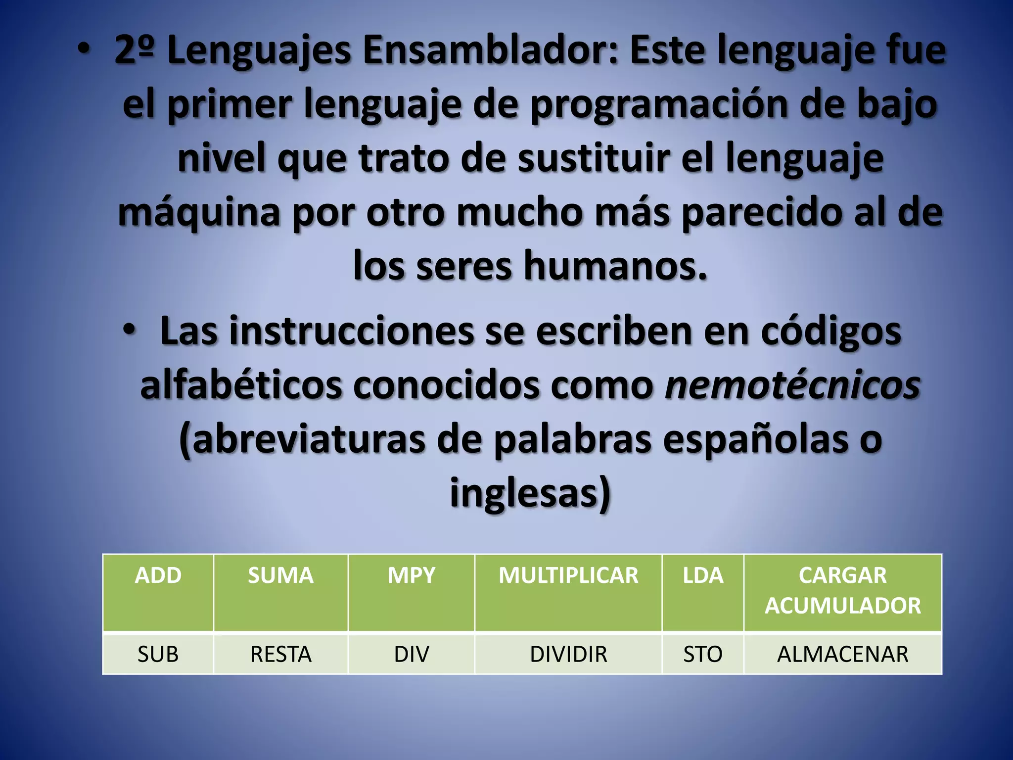 • 2º Lenguajes Ensamblador: Este lenguaje fue
el primer lenguaje de programación de bajo
nivel que trato de sustituir el lenguaje
máquina por otro mucho más parecido al de
los seres humanos.
• Las instrucciones se escriben en códigos
alfabéticos conocidos como nemotécnicos
(abreviaturas de palabras españolas o
inglesas)
ADD SUMA MPY MULTIPLICAR LDA CARGAR
ACUMULADOR
SUB RESTA DIV DIVIDIR STO ALMACENAR
 