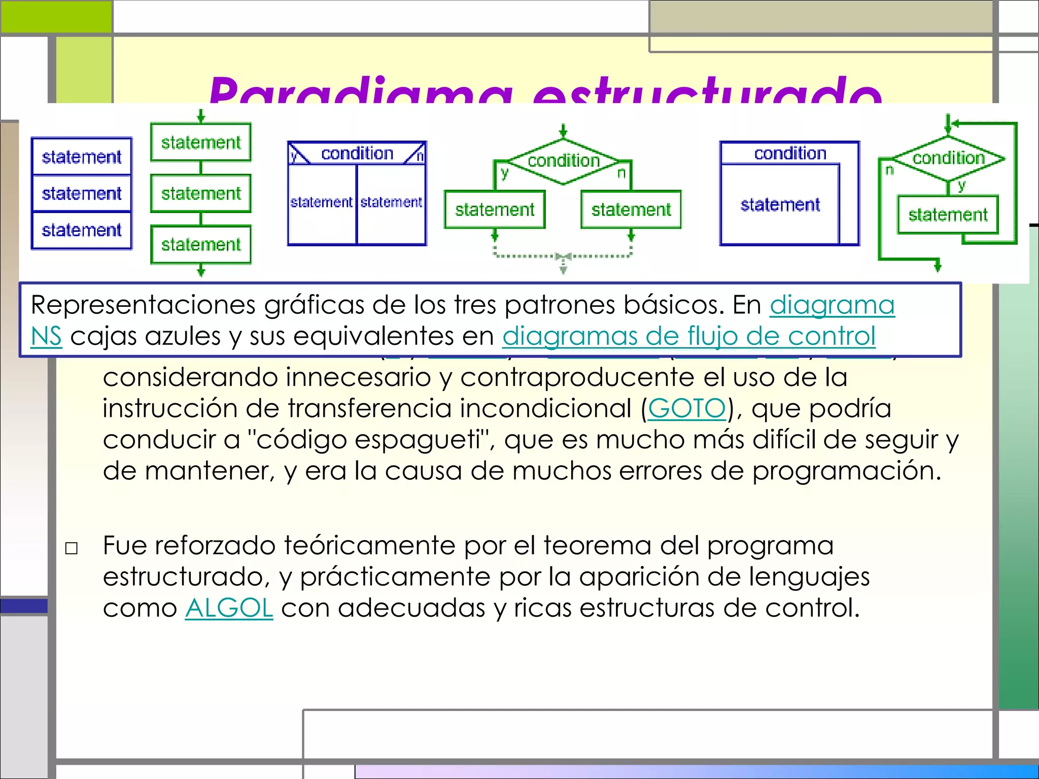 Paradigma estructurado
□ La programación estructurada es un paradigma de
programación orientado a mejorar la claridad, calidad y tiempo de
desarrollo de un programa de computadora, utilizando
únicamente subrutinas y tres estructuras:
□ secuencia, selección (if y switch) e iteración (bucles for y while),
considerando innecesario y contraproducente el uso de la
instrucción de transferencia incondicional (GOTO), que podría
conducir a "código espagueti", que es mucho más difícil de seguir y
de mantener, y era la causa de muchos errores de programación.
□ Fue reforzado teóricamente por el teorema del programa
estructurado, y prácticamente por la aparición de lenguajes
como ALGOL con adecuadas y ricas estructuras de control.
Representaciones gráficas de los tres patrones básicos. En diagrama
NS cajas azules y sus equivalentes en diagramas de flujo de control
 