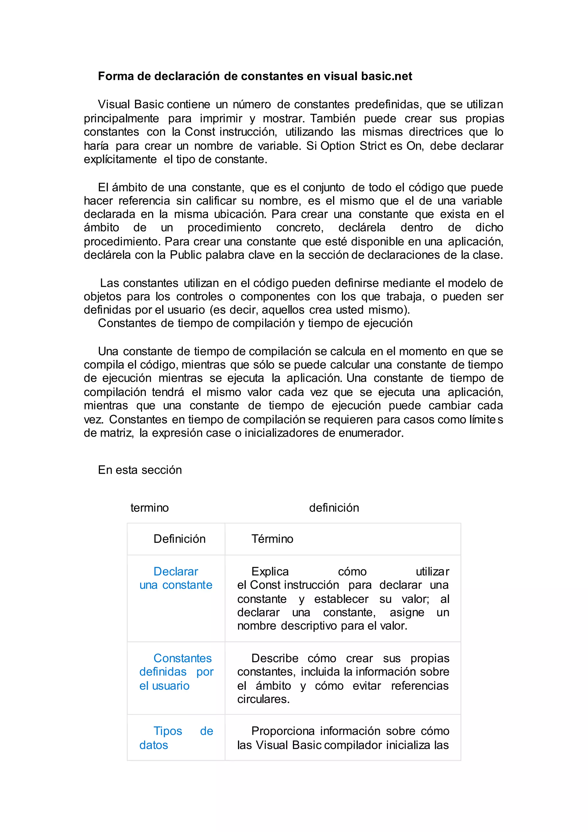 Forma de declaración de constantes en visual basic.net
Visual Basic contiene un número de constantes predefinidas, que se utilizan
principalmente para imprimir y mostrar. También puede crear sus propias
constantes con la Const instrucción, utilizando las mismas directrices que lo
haría para crear un nombre de variable. Si Option Strict es On, debe declarar
explícitamente el tipo de constante.
El ámbito de una constante, que es el conjunto de todo el código que puede
hacer referencia sin calificar su nombre, es el mismo que el de una variable
declarada en la misma ubicación. Para crear una constante que exista en el
ámbito de un procedimiento concreto, declárela dentro de dicho
procedimiento. Para crear una constante que esté disponible en una aplicación,
declárela con la Public palabra clave en la sección de declaraciones de la clase.
Las constantes utilizan en el código pueden definirse mediante el modelo de
objetos para los controles o componentes con los que trabaja, o pueden ser
definidas por el usuario (es decir, aquellos crea usted mismo).
Constantes de tiempo de compilación y tiempo de ejecución
Una constante de tiempo de compilación se calcula en el momento en que se
compila el código, mientras que sólo se puede calcular una constante de tiempo
de ejecución mientras se ejecuta la aplicación. Una constante de tiempo de
compilación tendrá el mismo valor cada vez que se ejecuta una aplicación,
mientras que una constante de tiempo de ejecución puede cambiar cada
vez. Constantes en tiempo de compilación se requieren para casos como límites
de matriz, la expresión case o inicializadores de enumerador.
En esta sección
termino definición
Definición Término
Declarar
una constante
Explica cómo utilizar
el Const instrucción para declarar una
constante y establecer su valor; al
declarar una constante, asigne un
nombre descriptivo para el valor.
Constantes
definidas por
el usuario
Describe cómo crear sus propias
constantes, incluida la información sobre
el ámbito y cómo evitar referencias
circulares.
Tipos de
datos
Proporciona información sobre cómo
las Visual Basic compilador inicializa las
 