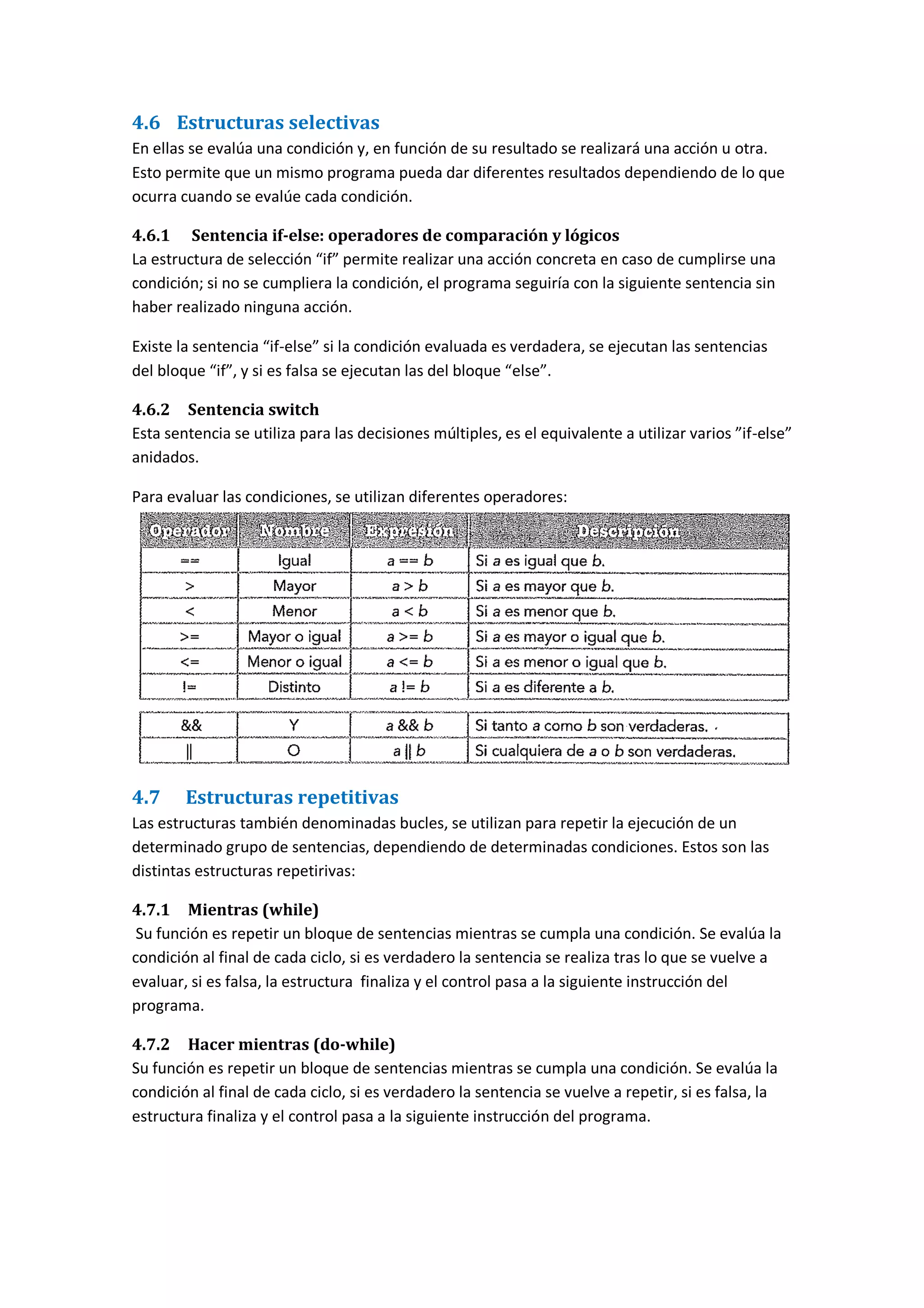 4.6 Estructuras selectivas
En ellas se evalúa una condición y, en función de su resultado se realizará una acción u otra.
Esto permite que un mismo programa pueda dar diferentes resultados dependiendo de lo que
ocurra cuando se evalúe cada condición.
4.6.1 Sentencia if-else: operadores de comparación y lógicos
La estructura de selección “if” permite realizar una acción concreta en caso de cumplirse una
condición; si no se cumpliera la condición, el programa seguiría con la siguiente sentencia sin
haber realizado ninguna acción.
Existe la sentencia “if-else” si la condición evaluada es verdadera, se ejecutan las sentencias
del bloque “if”, y si es falsa se ejecutan las del bloque “else”.
4.6.2 Sentencia switch
Esta sentencia se utiliza para las decisiones múltiples, es el equivalente a utilizar varios ”if-else”
anidados.
Para evaluar las condiciones, se utilizan diferentes operadores:
4.7 Estructuras repetitivas
Las estructuras también denominadas bucles, se utilizan para repetir la ejecución de un
determinado grupo de sentencias, dependiendo de determinadas condiciones. Estos son las
distintas estructuras repetirivas:
4.7.1 Mientras (while)
Su función es repetir un bloque de sentencias mientras se cumpla una condición. Se evalúa la
condición al final de cada ciclo, si es verdadero la sentencia se realiza tras lo que se vuelve a
evaluar, si es falsa, la estructura finaliza y el control pasa a la siguiente instrucción del
programa.
4.7.2 Hacer mientras (do-while)
Su función es repetir un bloque de sentencias mientras se cumpla una condición. Se evalúa la
condición al final de cada ciclo, si es verdadero la sentencia se vuelve a repetir, si es falsa, la
estructura finaliza y el control pasa a la siguiente instrucción del programa.
 