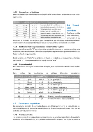 4.5.4 Operaciones aritméticas
Realizanoperacionesmatemáticas.Parasimplificarlasinstrucciones aritméticas se usan estos
operadores.
4.6 Estruct
uras
selectivas
En ellas se evalúa
una condición y,
en función de su
resultado se realizará una acción u otra. Esto permite que un mismo programa pueda dar
diferentes resultados dependiendo de lo que ocurra cuando se evalúe cada condición.
4.6.1 Sentencia if-else: operadores de comparación y lógicos
La estructurade selección “if” permite realizar una acción concreta en caso de cumplirse una
condición;si nose cumplierala condición, el programa seguiría con la siguiente sentencia sin
haber realizado ninguna acción.
Existe la sentencia “if-else” si la condición evaluada es verdadera, se ejecutan las sentencias
del bloque “if”, y si es falsa se ejecutan las del bloque “else”.
4.6.2 Sentencia switch
Esta sentenciase utilizaparalasdecisionesmúltiples,esel equivalenteautilizarvarios”if-else”
anidados.
Para evaluar las condiciones, se utilizan diferentes operadores:
4.7 Estructuras repetitivas
Las estructuras también denominadas bucles, se utilizan para repetir la ejecución de un
determinadogrupo de sentencias, dependiendo de determinadas condiciones. Estos son las
distintas estructuras repetirivas:
4.7.1 Mientras (while)
Su funciónesrepetirunbloque de sentenciasmientrasse cumpla una condición. Se evalúa la
condición al final de cada ciclo, si es verdadero la sentencia se realiza tras lo que se vuelve a
 