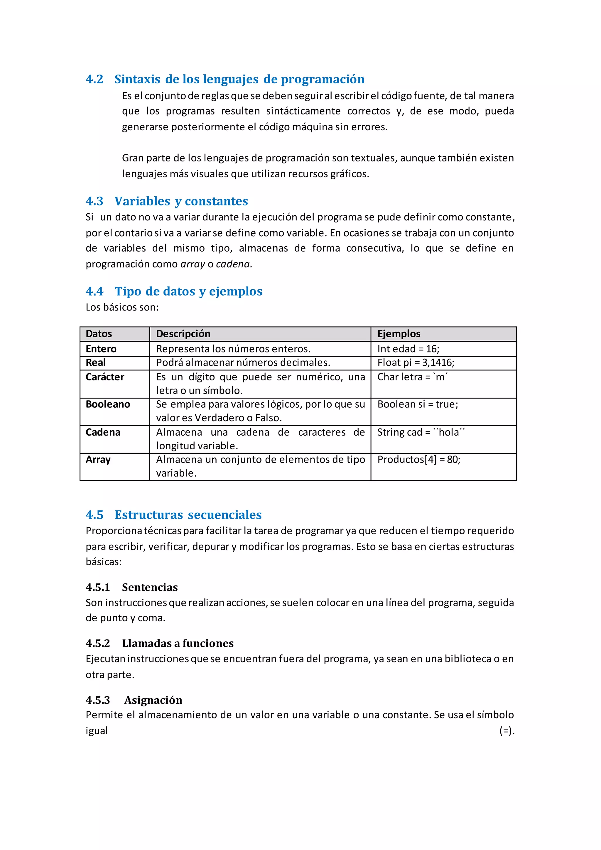 4.2 Sintaxis de los lenguajes de programación
Es el conjuntode reglasque se debenseguiral escribirel códigofuente, de tal manera
que los programas resulten sintácticamente correctos y, de ese modo, pueda
generarse posteriormente el código máquina sin errores.
Gran parte de los lenguajes de programación son textuales, aunque también existen
lenguajes más visuales que utilizan recursos gráficos.
4.3 Variables y constantes
Si un dato no va a variar durante la ejecución del programa se pude definir como constante,
por el contariosi va a variarse define como variable. En ocasiones se trabaja con un conjunto
de variables del mismo tipo, almacenas de forma consecutiva, lo que se define en
programación como array o cadena.
4.4 Tipo de datos y ejemplos
Los básicos son:
Datos Descripción Ejemplos
Entero Representa los números enteros. Int edad = 16;
Real Podrá almacenar números decimales. Float pi = 3,1416;
Carácter Es un dígito que puede ser numérico, una
letra o un símbolo.
Char letra = `m´
Booleano Se emplea para valores lógicos, por lo que su
valor es Verdadero o Falso.
Boolean si = true;
Cadena Almacena una cadena de caracteres de
longitud variable.
String cad = ``hola´´
Array Almacena un conjunto de elementos de tipo
variable.
Productos[4] = 80;
4.5 Estructuras secuenciales
Proporcionatécnicaspara facilitar la tarea de programar ya que reducen el tiempo requerido
para escribir, verificar, depurar y modificar los programas. Esto se basa en ciertas estructuras
básicas:
4.5.1 Sentencias
Son instruccionesque realizanacciones,se suelen colocar en una línea del programa, seguida
de punto y coma.
4.5.2 Llamadas a funciones
Ejecutaninstruccionesque se encuentran fuera del programa, ya sean en una biblioteca o en
otra parte.
4.5.3 Asignación
Permite el almacenamiento de un valor en una variable o una constante. Se usa el símbolo
igual (=).
 