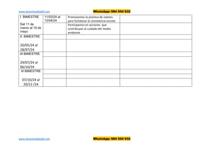 www.docentealdiadjf.com WhatsApp: 984 554 932
www.docentealdiadjf.com WhatsApp: 984 554 932
I BIMESTRE
Del 11 de
marzo al 19 de
mayo
11/03/24 al
12/04/24
Promovemos la practica de valores
para fortalecer la convivencia escolar
Participamos en acciones que
contribuyan al cuidado del medio
ambiente
II BIMESTRE
20/05/24 al
28/07/24
III BIMESTRE
29/07/24 al
06/10/24
III BIMESTRE
07/10/24 al
20/12 /24
 