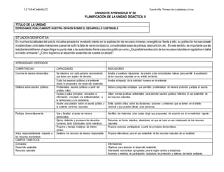 I.E TUPAC AMARU II Cuarto Año “Formación ciudadanay cívica
UNIDAD DE APRENDIZAJE N° 02
PLANIFICACIÓN DE LA UNIDAD DIDÁCTICA II
TÍTULO DE LA UNIDAD
EXPRESAMOS PÚBLICAMENTE NUESTRA OPINIÓN SOBRE EL DESARROLLO SOSTENIBLE
SITUACIÓNSIGNIFICATIVA
En muchas localidades del país la iniciativa privada ha mostrado interés en la explotación de recursos mineros y energéticos; frente a ello, su población ha reaccionado
mostrándosecontratalesinversionesapesarde sufrir lafalta de serviciosbásicos,considerablestasasdepobreza,desnutrición,etc. Eneste sentido, es importantequelos
estudiantesdeliberenyhaganllegarsupuntovista a lasautoridadesfrenteaasuntospúblicoscomo:¿Esposiblelaextraccióndelosrecursosnaturalessinagotarlosnidañar
el medio ambiente? ¿Cómo logramos el desarrollo sostenible de nuestra localidad?
APRENDIZAJES ESPERADOS
COMPETENCIAS CAPACIDADES INDICADORES
Convive de manera democrática. Se relaciona con cada persona reconociendo
que todas son sujetos de derecho.
Analiza y cuestiona situaciones de presión a las comunidades nativas para permitir la explotación
de los recursos naturales en su ámbito territorial.
Cuida los espacios públicos y el ambiente
desde la perspectiva del desarrollo sostenible.
Analiza el impacto de la actividad humana en el ambiente.
Delibera sobre asuntos públicos. Problematiza asuntos públicos a partir del
análisis crítico.
Elabora preguntas complejas que permitan problematizar de manera profunda y amplia el asunto.
Explica y aplica principios, conceptos e
información vinculada a la institucionalidad, a
la democracia y a la ciudadanía.
Utiliza normas jurídicas ambientales para abordar asuntos públicos referidos al uso sostenible de
los recursos naturales.
Asume una posición sobre un asunto público y
la sustenta de forma razonada.
Emite opinión crítica sobre las decisiones, acciones u omisiones que se toman en el ámbito
nacional y que pueden afectar a las personas.
Participa democráticamente. Usa y fiscaliza el poder de manera
democrática.
Identifica las instancias a las cuales dirigir sus propuestas, de acuerdo con la normatividad vigente.
Ejerce, defiende y promueve los derechos
humanos, tanto individuales como colectivos.
Denuncia, en forma colectiva, situaciones en que se hace un uso inadecuado de los recursos
naturales.
Propone y maneja iniciativas de interés
común.
Propone acciones participativas a partir de principios democráticos.
Actúa responsablemente respecto a
los recursos económicos.
Gestiona los recursos de manera responsable. Propone alternativas para el uso sostenible de los recursos naturales de su localidad.
CAMPOS TEMÁTICOS
Conceptos:
Desarrollo sostenible
Recursos naturales
Informaciones:
Objetivos para alcanzar el desarrollo sostenible.
Actividades económicas apropiadas para la región andina y amazónica.
Acciones y medidas de participación ciudadana de protección y defensa del medio ambiente.
 