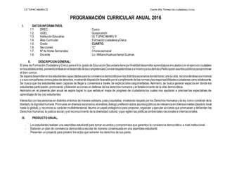 I.E TUPAC AMARU II Cuarto Año “Formación ciudadanay cívica
PROGRAMACIÓN CURRICULAR ANUAL 2016
I. DATOSINFORMATIVOS.
1.1. DREC: : Cusco
1.2. UGEL: : Quispicanchi
1.3. InstituciónEducativa: : I.E TUPACAMARU II
1.4. Área Curricular: : FormaciónciudadanayCívica
1.5. Grado : CUARTO.
1.6. Secciones: : “C”
1.7. Nº de Horas Semanales : 3 horassemanal
1.8. Docente : Lic.WilliansHuahuachampi Guzman.
II. DESCRIPCIONGENERAL:
El área de FormaciónCiudadanayCívica parael 4.to gradode EducaciónSecundariatieneporfinalidaddesarrollaraprendizajesvinculadosconelejerciciociudadano
enlosadolescentes,poniendoénfasiseneldesarrollodelascompetenciasConviverespetándoseasímismoyalosdemásyParticipaenasuntospúblicosparapromover
el bien común.
Se esperadesarrollarenlosestudiantescapacidadesparalaconvivenciademocráticaenlosdistintosescenariosdondetranscurresuvida; reconociéndoseasímismos
y asuscompañeroscomosujetosdederechos,mostrandodisposiciónfavorableporelcumplimientodelasnormasylasresponsabilidadesciudadanascomoadolescente.
Se busca que los estudiantes sean capaces de llegar a consensos a través de explicaciones argumentadas. Asimismo, se busca generar espacios en donde los
estudiantes participarán, promoverán yliderarán acciones en defensa de los derechos humanos yel fortalecimiento de la vida democrática.
Asimismo en el presente plan anual se aspira lograr lo que señala el mapa de progreso de ciudadanía los cuales nos ayudaran a precisar las expectativas de
aprendizaje de las (os) estudiantes:
Interactúa con las personas en distintos entornos de manera solidaria, justa y equitativa, mostrando respeto por los Derechos Humanos yla ley como condición de la
libertady la dignidadhumana.Promueve,endiversos escenarios,elanálisis,dialogoyreflexiónsobre asuntospúblicosderelevanciaendiversosniveles(desdelo local
hasta lo global), y reconoce su carácter multidimensional. Asume un papel protagónico para proponer, organizar y ejecutar acciones que promuevan y defiendan los
Derechos Humanos, la justicia social yyel reconocimiento de la diversidad cultural, yque vigilen las políticas ambientales nacionales e internacionales.
III. PRODUCTO ANUAL.
- Los estudiantes realizan una asamblea estudiantil para tomar acuerdos ycompromisos que garantice la convivencia democrática a nivel institucional.
- Elaboran un plan de convivencia democrática escolar de manera consensuada en una asamblea estudiantil.
- Presentan un proyecto para prevenir los actos que vulneren los derechos de sus pares.
 