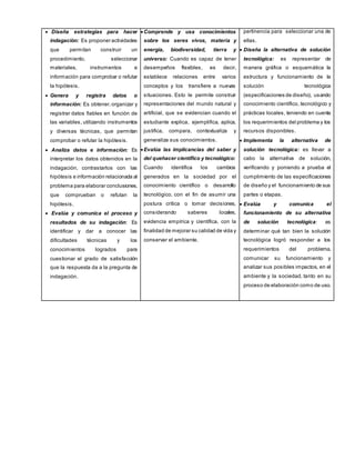  Diseña estrategias para hacer
indagación: Es proponer actividades
que permitan construir un
procedimiento, seleccionar
materiales, instrumentos e
información para comprobar o refutar
la hipótesis.
 Genera y registra datos o
información: Es obtener,organizar y
registrar datos fiables en función de
las variables, utilizando instrumentos
y diversas técnicas, que permitan
comprobar o refutar la hipótesis.
 Analiza datos e información: Es
interpretar los datos obtenidos en la
indagación, contrastarlos con las
hipótesis e información relacionada al
problema para elaborar conclusiones,
que comprueban o refutan la
hipótesis.
 Evalúa y comunica el proceso y
resultados de su indagación: Es
identificar y dar a conocer las
dificultades técnicas y los
conocimientos logrados para
cuestionar el grado de satisfacción
que la respuesta da a la pregunta de
indagación.
Comprende y usa conocimientos
sobre los seres vivos, materia y
energía, biodiversidad, tierra y
universo: Cuando es capaz de tener
desempeños flexibles, es decir,
establece relaciones entre varios
conceptos y los transfiere a nuevas
situaciones. Esto le permite construir
representaciones del mundo natural y
artificial, que se evidencian cuando el
estudiante explica, ejemplifica, aplica,
justifica, compara, contextualiza y
generaliza sus conocimientos.
Evalúa las implicancias del saber y
del quehacer científico y tecnológico:
Cuando identifica los cambios
generados en la sociedad por el
conocimiento científico o desarrollo
tecnológico, con el fin de asumir una
postura crítica o tomar decisiones,
considerando saberes locales,
evidencia empírica y científica, con la
finalidad de mejorar su calidad de vida y
conservar el ambiente.
pertinencia para seleccionar una de
ellas.
 Diseña la alternativa de solución
tecnológica: es representar de
manera gráfica o esquemática la
estructura y funcionamiento de la
solución tecnológica
(especificaciones de diseño), usando
conocimiento científico, tecnológico y
prácticas locales, teniendo en cuenta
los requerimientos del problema y los
recursos disponibles.
 Implementa la alternativa de
solución tecnológica: es llevar a
cabo la alternativa de solución,
verificando y poniendo a prueba el
cumplimiento de las especificaciones
de diseño y el funcionamiento de sus
partes o etapas.
 Evalúa y comunica el
funcionamiento de su alternativa
de solución tecnológica: es
determinar qué tan bien la solución
tecnológica logró responder a los
requerimientos del problema,
comunicar su funcionamiento y
analizar sus posibles impactos, en el
ambiente y la sociedad, tanto en su
proceso de elaboración como de uso.
 