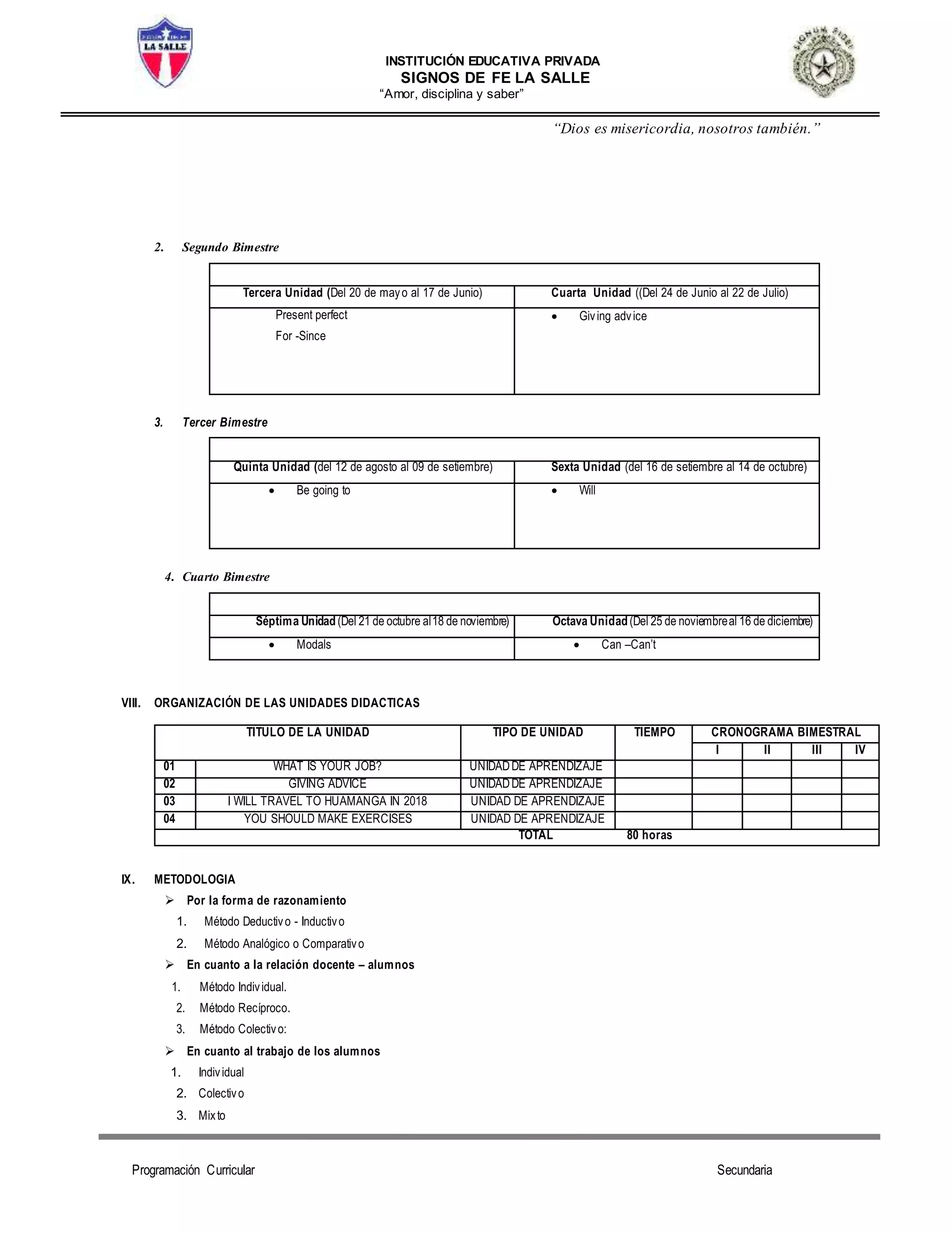 INSTITUCIÓN EDUCATIVA PRIVADA
SIGNOS DE FE LA SALLE
“Amor, disciplina y saber”
“Dios es misericordia, nosotros también.”
Programación Curricular Secundaria
2. Segundo Bimestre
Tercera Unidad (Del 20 de mayo al 17 de Junio) Cuarta Unidad ((Del 24 de Junio al 22 de Julio)
Present perfect
For -Since
 Giving advice
3. Tercer Bimestre
Quinta Unidad (del 12 de agosto al 09 de setiembre) Sexta Unidad (del 16 de setiembre al 14 de octubre)
 Be going to  Will
4. Cuarto Bimestre
Séptima Unidad(Del 21 de octubre al18 de noviembre) Octava Unidad(Del 25 de noviembreal 16 de diciembre)
 Modals  Can –Can’t
VIII. ORGANIZACIÓN DE LAS UNIDADES DIDACTICAS
TITULO DE LA UNIDAD TIPO DE UNIDAD TIEMPO CRONOGRAMA BIMESTRAL
I II III IV
01 WHAT IS YOUR JOB? UNIDADDE APRENDIZAJE
02 GIVING ADVICE UNIDADDE APRENDIZAJE
03 I WILL TRAVEL TO HUAMANGA IN 2018 UNIDAD DE APRENDIZAJE
04 YOU SHOULD MAKE EXERCISES UNIDAD DE APRENDIZAJE
TOTAL 80 horas
IX. METODOLOGIA
 Por la forma de razonamiento
1. Método Deductivo - Inductivo
2. Método Analógico o Comparativo
 En cuanto a la relación docente – alumnos
1. Método Individual.
2. Método Recíproco.
3. Método Colectivo:
 En cuanto al trabajo de los alumnos
1. Individual
2. Colectivo
3. Mixto
 