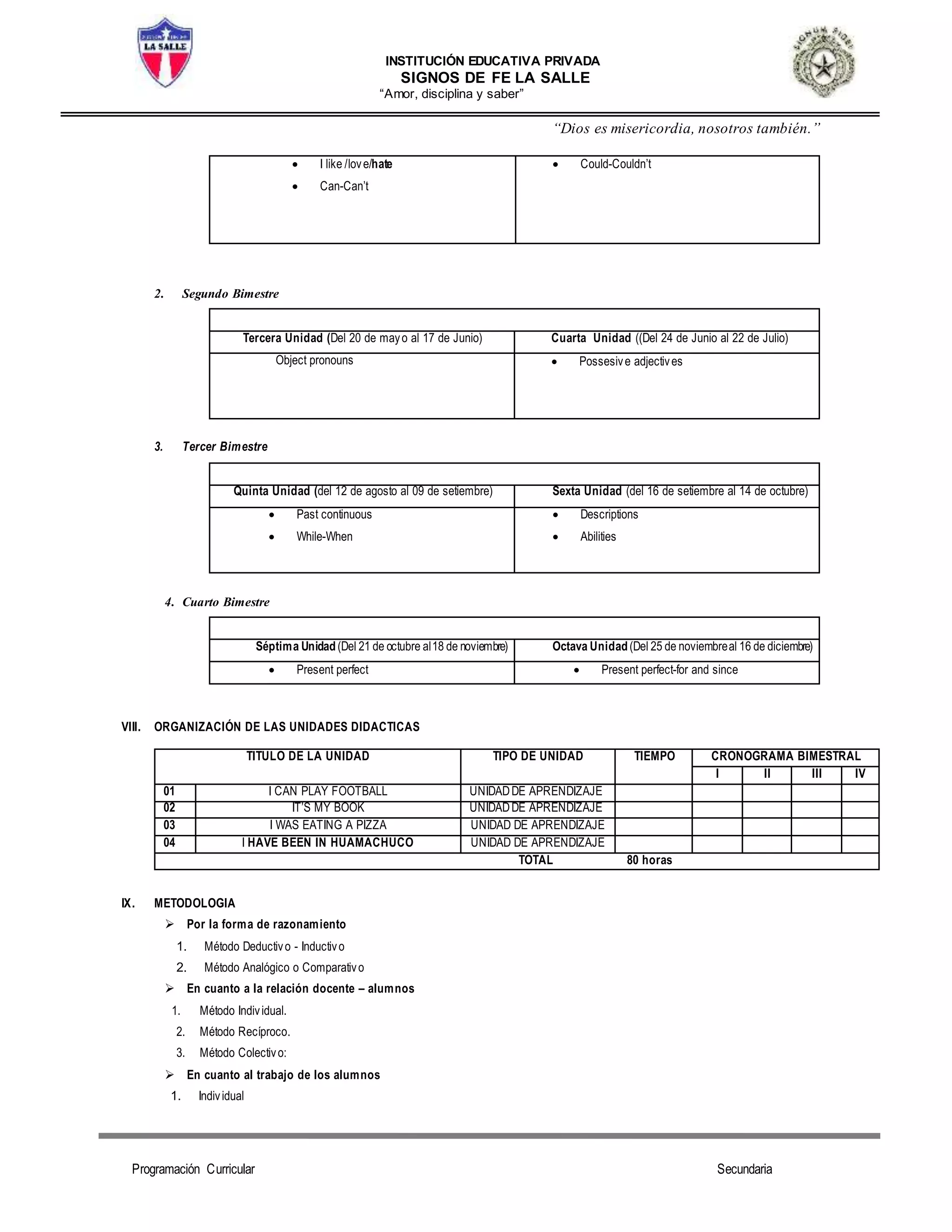 INSTITUCIÓN EDUCATIVA PRIVADA
SIGNOS DE FE LA SALLE
“Amor, disciplina y saber”
“Dios es misericordia, nosotros también.”
Programación Curricular Secundaria
 I like /love/hate
 Can-Can’t
 Could-Couldn’t
2. Segundo Bimestre
Tercera Unidad (Del 20 de mayo al 17 de Junio) Cuarta Unidad ((Del 24 de Junio al 22 de Julio)
Object pronouns  Possesive adjectives
3. Tercer Bimestre
Quinta Unidad (del 12 de agosto al 09 de setiembre) Sexta Unidad (del 16 de setiembre al 14 de octubre)
 Past continuous
 While-When
 Descriptions
 Abilities
4. Cuarto Bimestre
Séptima Unidad(Del 21 de octubre al18 de noviembre) Octava Unidad(Del 25 de noviembreal 16 de diciembre)
 Present perfect  Present perfect-for and since
VIII. ORGANIZACIÓN DE LAS UNIDADES DIDACTICAS
TITULO DE LA UNIDAD TIPO DE UNIDAD TIEMPO CRONOGRAMA BIMESTRAL
I II III IV
01 I CAN PLAY FOOTBALL UNIDADDE APRENDIZAJE
02 IT’S MY BOOK UNIDADDE APRENDIZAJE
03 I WAS EATING A PIZZA UNIDAD DE APRENDIZAJE
04 I HAVE BEEN IN HUAMACHUCO UNIDAD DE APRENDIZAJE
TOTAL 80 horas
IX. METODOLOGIA
 Por la forma de razonamiento
1. Método Deductivo - Inductivo
2. Método Analógico o Comparativo
 En cuanto a la relación docente – alumnos
1. Método Individual.
2. Método Recíproco.
3. Método Colectivo:
 En cuanto al trabajo de los alumnos
1. Individual
 