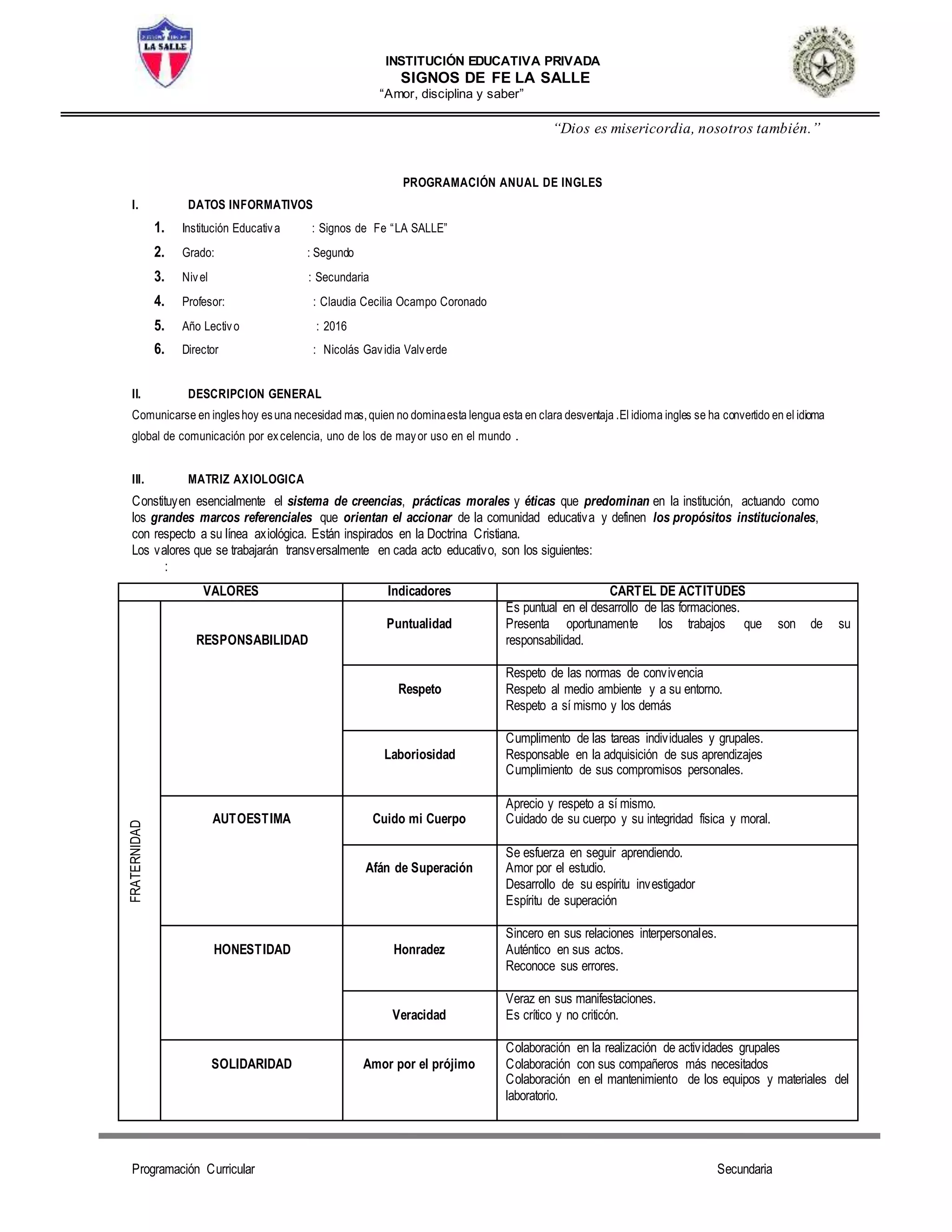 INSTITUCIÓN EDUCATIVA PRIVADA
SIGNOS DE FE LA SALLE
“Amor, disciplina y saber”
“Dios es misericordia, nosotros también.”
Programación Curricular Secundaria
PROGRAMACIÓN ANUAL DE INGLES
I. DATOS INFORMATIVOS
1. Institución Educativa : Signos de Fe “LA SALLE”
2. Grado: : Segundo
3. Nivel : Secundaria
4. Profesor: : Claudia Cecilia Ocampo Coronado
5. Año Lectivo : 2016
6. Director : Nicolás Gavidia Valverde
II. DESCRIPCION GENERAL
Comunicarse en ingleshoy esuna necesidad mas,quien no dominaesta lengua esta en clara desventaja .El idioma ingles se ha convertido en el idioma
global de comunicación por excelencia, uno de los de mayor uso en el mundo .
III. MATRIZ AXIOLOGICA
Constituyen esencialmente el sistema de creencias, prácticas morales y éticas que predominan en la institución, actuando como
los grandes marcos referenciales que orientan el accionar de la comunidad educativa y definen los propósitos institucionales,
con respecto a su línea axiológica. Están inspirados en la Doctrina Cristiana.
Los valores que se trabajarán transversalmente en cada acto educativo, son los siguientes:
:
VALORES Indicadores CARTEL DE ACTITUDES
FRATERNIDAD
RESPONSABILIDAD
Puntualidad
Es puntual en el desarrollo de las formaciones.
Presenta oportunamente los trabajos que son de su
responsabilidad.
Respeto
Respeto de las normas de convivencia
Respeto al medio ambiente y a su entorno.
Respeto a sí mismo y los demás
Laboriosidad
Cumplimento de las tareas individuales y grupales.
Responsable en la adquisición de sus aprendizajes
Cumplimiento de sus compromisos personales.
AUTOESTIMA Cuido mi Cuerpo
Aprecio y respeto a sí mismo.
Cuidado de su cuerpo y su integridad física y moral.
Afán de Superación
Se esfuerza en seguir aprendiendo.
Amor por el estudio.
Desarrollo de su espíritu investigador
Espíritu de superación
HONESTIDAD Honradez
Sincero en sus relaciones interpersonales.
Auténtico en sus actos.
Reconoce sus errores.
Veracidad
Veraz en sus manifestaciones.
Es crítico y no criticón.
SOLIDARIDAD Amor por el prójimo
Colaboración en la realización de actividades grupales
Colaboración con sus compañeros más necesitados
Colaboración en el mantenimiento de los equipos y materiales del
laboratorio.
 