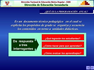 E s un  documento técnico pedagógico  en el cual se  explicita los propósitos de grado se  organiza y secuencia  los contenidos  en torno a  unidades didácticas.  Da  respuesta a tres interrogantes ¿Qué lograrán los estudiantes?   ¿Cómo hacer para que aprendan?   ¿Cómo evaluar los aprendizajes?   PRIORIZACIÓN DE LA PROBLEMÁTICA INST ¿QUÉ ES LA PROGRAMACIÓN  ANUAL? 