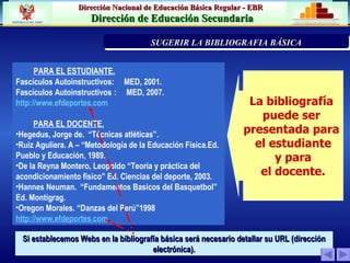 PARA EL ESTUDIANTE. Fascículos Autoinstructivos:  MED, 2001. Fascículos Autoinstructivos   :  MED, 2007. http://www.efdeportes.com   PARA EL DOCENTE. Hegedus, Jorge de.  “Técnicas atléticas”. Ruiz Aguliera. A – “Metodología de la Educación Física.Ed. Pueblo y Educación, 1989. De la Reyna Montero, Leopoldo “Teoría y práctica del acondicionamiento físico” Ed. Ciencias del deporte, 2003. Hannes Neuman.  “Fundamentos Basicos del Basquetbol” Ed. Montigrag. Oregon Morales. “Danzas del Perú”1998 http:// www.efdeportes. com La bibliografía  puede ser  presentada para  el estudiante y para  el docente. Si establecemos Webs en la bibliografía básica será necesario detallar su URL (dirección electrónica). PRIORIZACIÓN DE LA PROBLEMÁTICA INSTITUCION  SUGERIR LA BIBLIOGRAFIA BÁSICA 