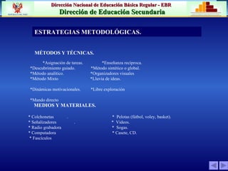 * Colchonetas  .  *  Pelotas (fútbol, voley, basket). * Señalizadores  .  *  Videos. * Radio grabadora  *  Sogas. * Computadora  * Casete, CD. * Fascículos ESTRATEGIAS METODOLÓGICAS. MÉTODOS Y TÉCNICAS. *Asignación de tareas.  *Enseñanza recíproca. *Descubrimiento guiado.  *Método sintético o global.  *Método analítico.  *Organizadores visuales *Método Mixto  *Lluvia de ideas.  *Dinámicas motivacionales.  *Libre exploración  *Mando directo  MEDIOS Y MATERIALES. 