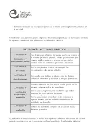 - Subrayará la relación de los aspectos teóricos de la materia con sus aplicaciones prácticas en
la sociedad.
Consideramos que, de forma general, el proceso de enseñanza/aprendizaje ha de realizarse mediante
las siguientes actividades, que aplicaremos en cada unidad didáctica:
METODOLOGÍA. ACTIVIDADES DIDÁCTICAS.
Actividades de
introducción y
conocimientos previos
Han de introducir el interés del alumno por lo que respecta a
la realidad que han de aprender. Son las que se realizan para
conocer las ideas, opiniones, aciertos o errores de los
alumnos sobre los contenidos que se van a desarrollar.
Actividades de
Desarrollo
Son las que permiten conocer los conceptos, los
procedimientos o las nuevas actitudes.
Actividades de
síntesis-resumen
Son aquellas que facilitan la relación entre los distintos
contenidos aprendidos y favorecen el enfoque globalizador.
Actividades de
consolidación,
recuperación y
ampliación
Permiten contrastar las ideas nuevas con las previas de los
alumnos, así como aplicar los aprendizajes.
Son las que se programan para los alumnos que no han
alcanzado los conocimientos trabajados.
Son las que permiten profundizar en los contenidos a
aquellos alumnos que han realizado correctamente las
actividades de desarrollo.
Actividades de
evaluación
Incluyen las actividades dirigidas a la evaluación inicial,
formativa y sumativa.
La aplicación de estas actividades se atendrá a los siguientes principios básicos que han de estar
presentes continuamente en el proceso de enseñanza/aprendizaje de cada unidad didáctica:
 