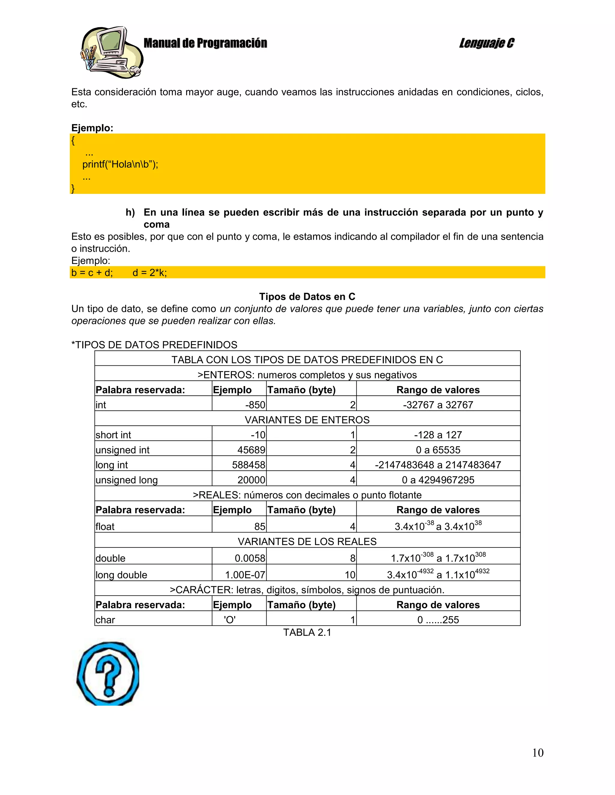 Manual de Programación                                                  Lenguaje C


Esta consideración toma mayor auge, cuando veamos las instrucciones anidadas en condiciones, ciclos,
etc.

Ejemplo:
{
   ...
  printf(“Holanb”);
  ...
}

             h) En una línea se pueden escribir más de una instrucción separada por un punto y
                 coma
Esto es posibles, por que con el punto y coma, le estamos indicando al compilador el fin de una sentencia
o instrucción.
Ejemplo:
b = c + d;     d = 2*k;

                                        Tipos de Datos en C
Un tipo de dato, se define como un conjunto de valores que puede tener una variables, junto con ciertas
operaciones que se pueden realizar con ellas.

*TIPOS DE DATOS PREDEFINIDOS
                 TABLA CON LOS TIPOS DE DATOS PREDEFINIDOS EN C
                            >ENTEROS: numeros completos y sus negativos
     Palabra reservada:       Ejemplo   Tamaño (byte)             Rango de valores
     int                                -850                 2           -32767 a 32767
                                        VARIANTES DE ENTEROS
     short int                           -10             1                  -128 a 127
     unsigned int                   45689                    2             0 a 65535
     long int                      588458                    4     -2147483648 a 2147483647
     unsigned long                     20000                 4           0 a 4294967295
                           >REALES: números con decimales o punto flotante
     Palabra reservada:       Ejemplo   Tamaño (byte)               Rango de valores
                                                                               -38              38
     float                                85                 4         3.4x10        a 3.4x10
                                       VARIANTES DE LOS REALES
                                                                             -308               308
     double                         0.0058                   8        1.7x10         a 1.7x10
                                                                            -4932               4932
     long double            1.00E-07                     10       3.4x10     a 1.1x10
                    >CARÁCTER: letras, digitos, símbolos, signos de puntuación.
     Palabra reservada:   Ejemplo      Tamaño (byte)                 Rango de valores
     char                        'O'                         1              0 ......255
                                               TABLA 2.1




                                                                                                       10
 